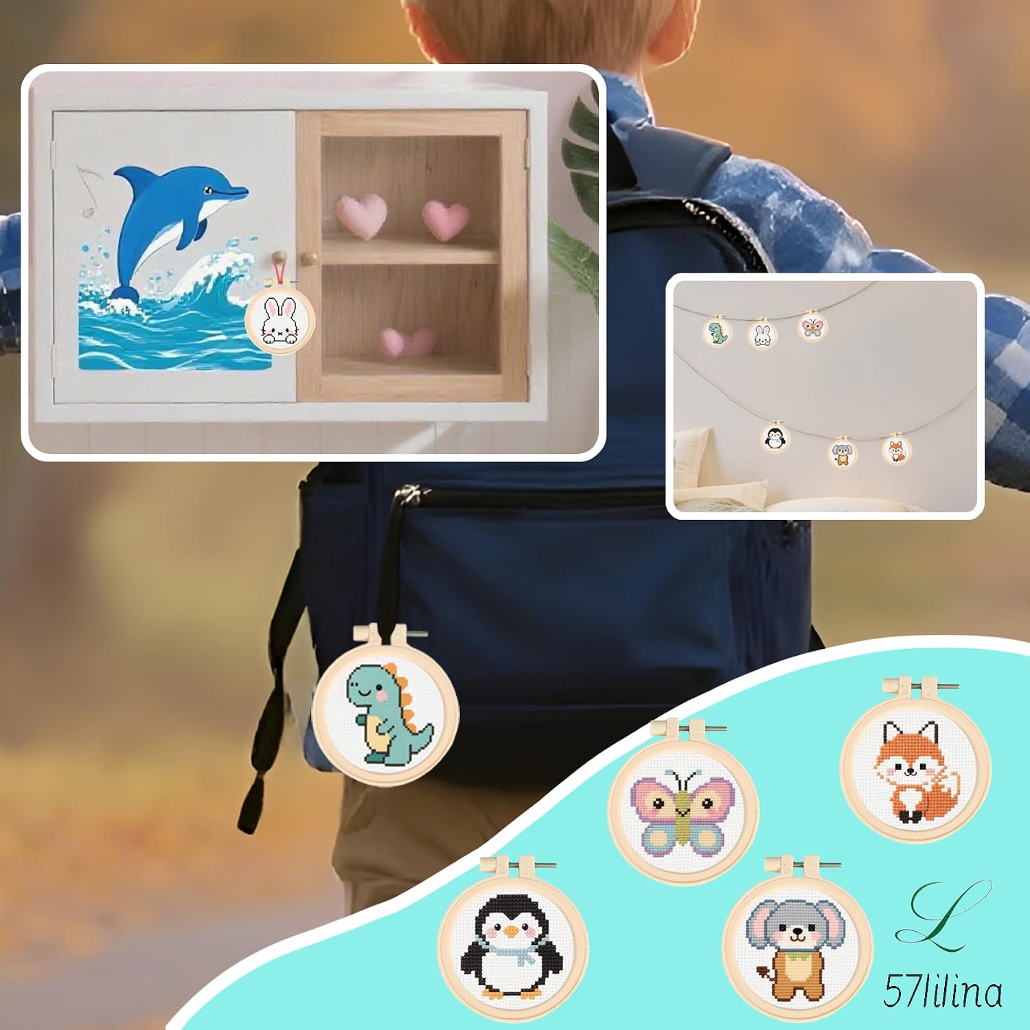 57lilina Cross Stitch Kits for Kids - 6 Set Easy Beginners Embroidery Kit for Kids, DIY Cute Pre Printed Stamped Crossstitch Needlepoint Patterns Craft for Backpack Charms, Keychains & Girls Gifts
