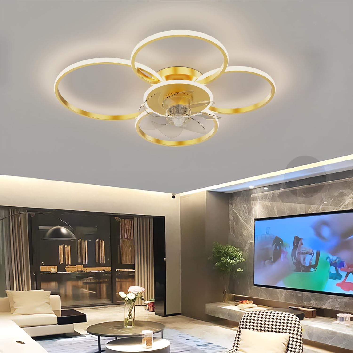 YUEGOO Ceiling Fans with Lamps,Remote App Control Reversible Chandeliers with Fan Dimmable Modern Design Ceiling Fan with Led Lamp for Bedroom Living Room Kitchen/D/80Cm