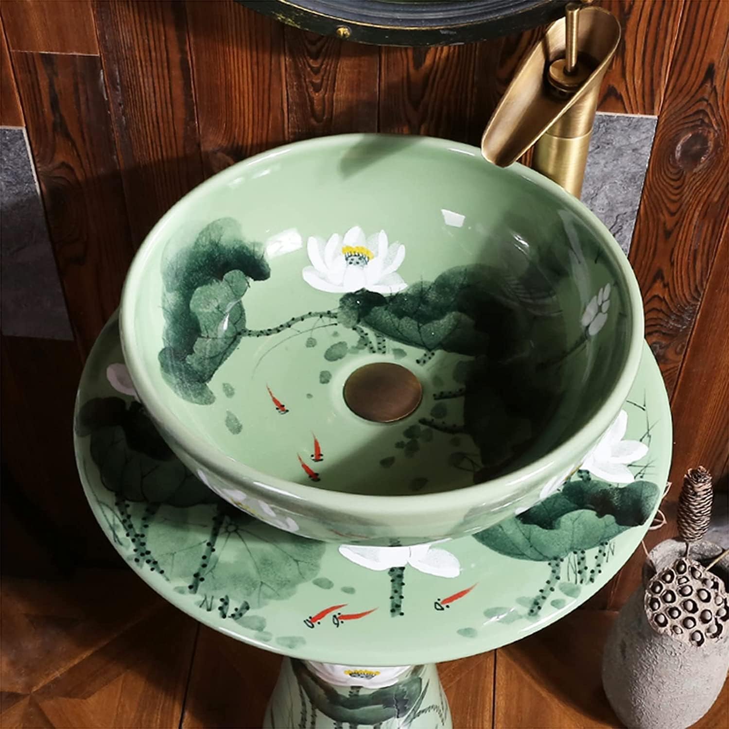 Art Bathroom Washbasin Sink with Full Pedestal Artistic Pedestal Sink Combination Sink Washbasin Handmade Faucet and Drain (A with Mirror)