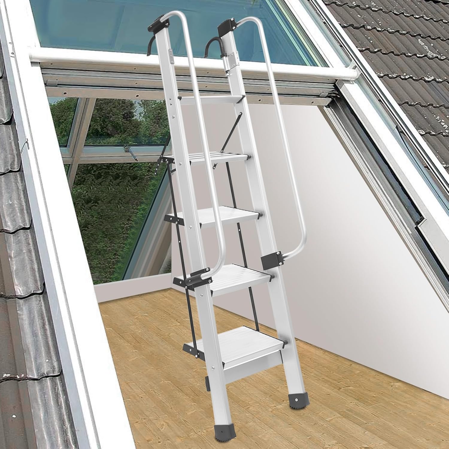 Aluminum Bunk Bed Ladder, 5 Step Ladder with Adjustable Handrails Hooks, Foldable 5 Step Hook-On Bunk Bed Ladder with Folding Anti-Slip Wide Pedals for RV Caravans Lofts Dorm Double Beds (5-Steps)