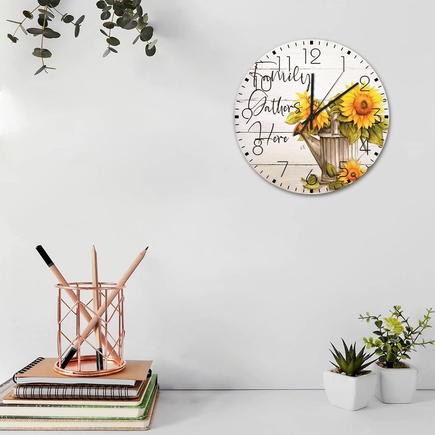 Wood Hanging Wall Clock Analog Round Non-Ticking Family Gathers Here Watercolor Floral in Mason Jar Rustic Wall Clocks Flowers Painting Artwork Coffee Decor for Study Room Classroom Porch 10"
