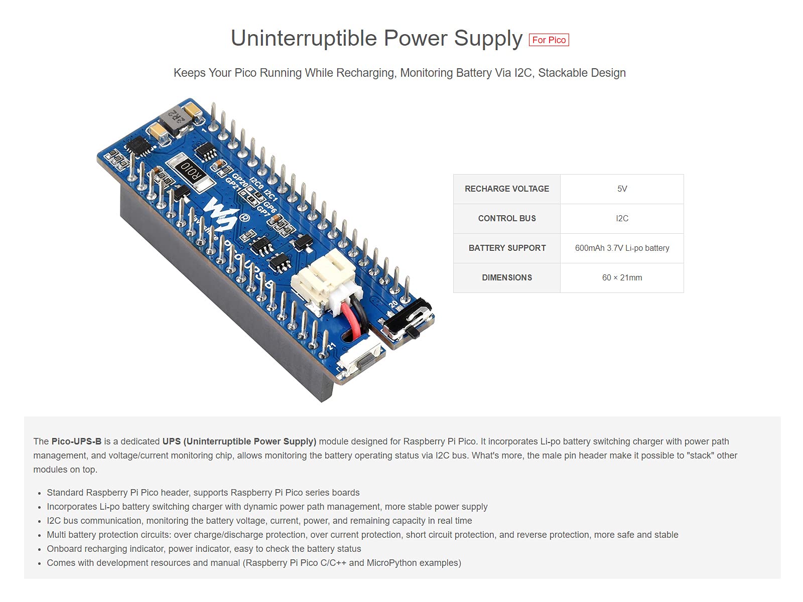 Waveshare UPS Module for Raspberry Pi Pico with Uninterruptible Power Supply Monitoring Batt Status Via I2C Stackable Design