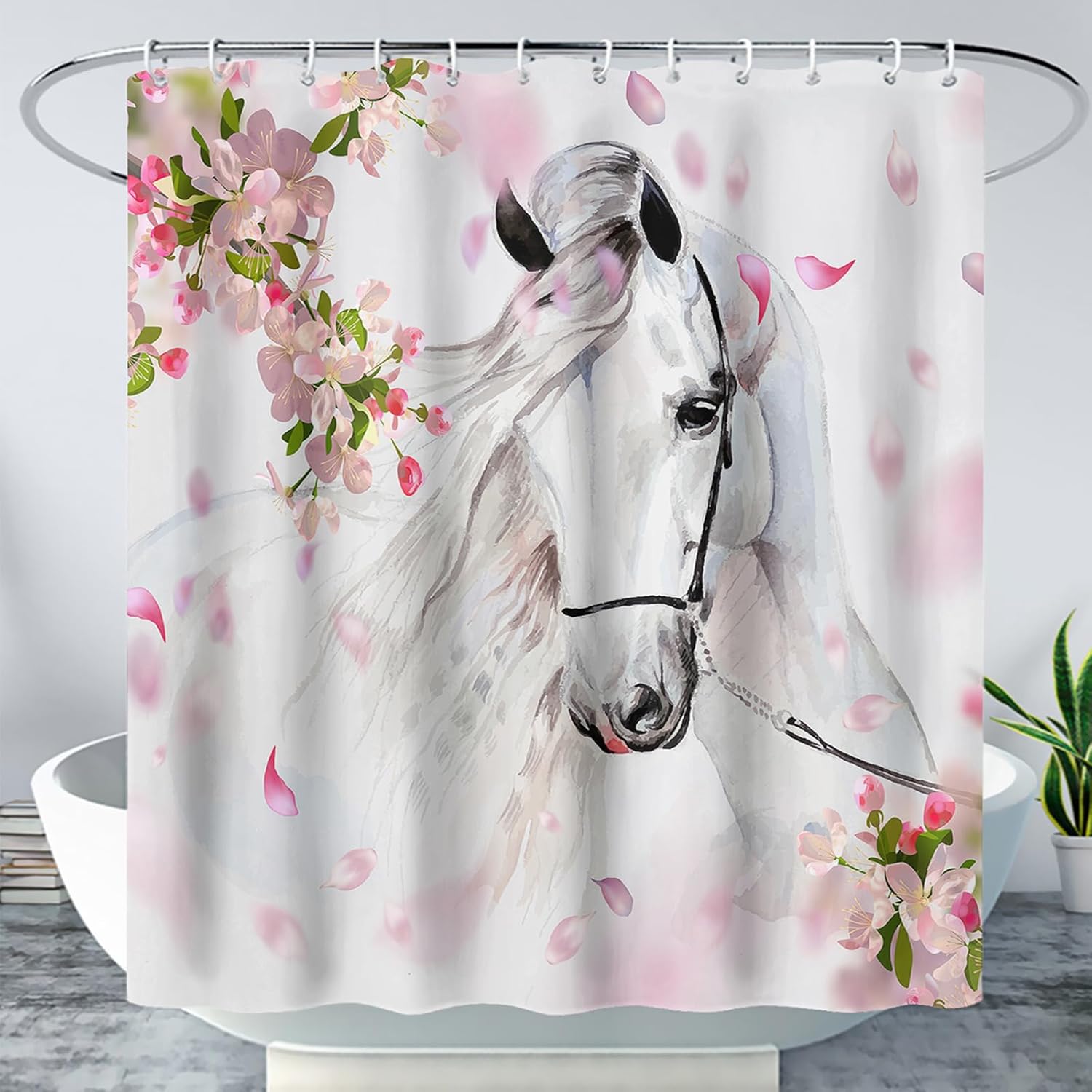 White Horse Shower Curtain, 3D Horses Florals Shower Curtain for Bathroom Decor Bathtub, Rustic Farmhouse Animal Decorative Bathroom Accessories, Western Cowboy Animal Bath Decor for Kids