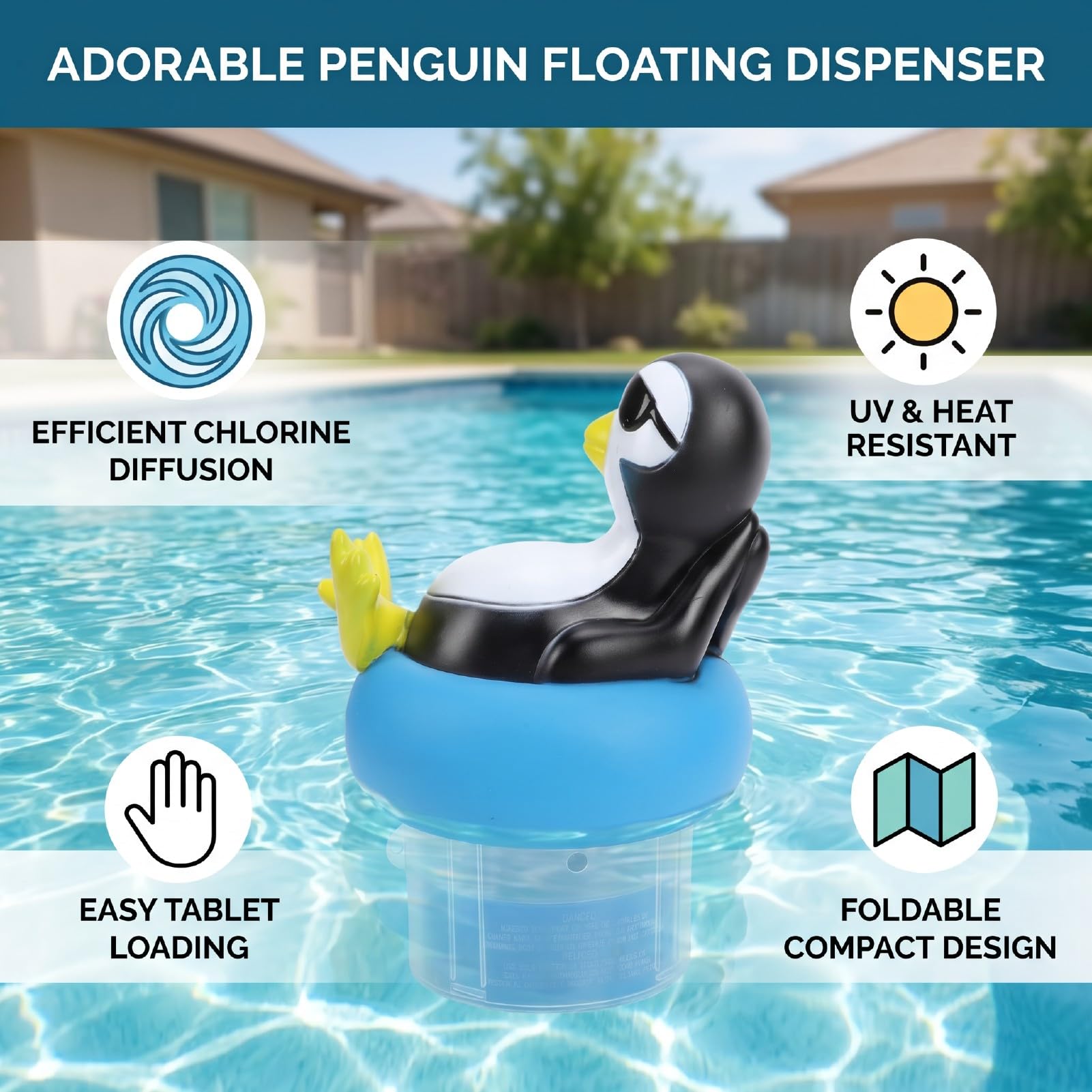Dispensador de Flotador de Piscina Plegable, Dispensador Automático de Cloro Flotante para Piscinas Grandes y Pequeñas, SPA, con Forma de Pingüino de Liberación Ajustable