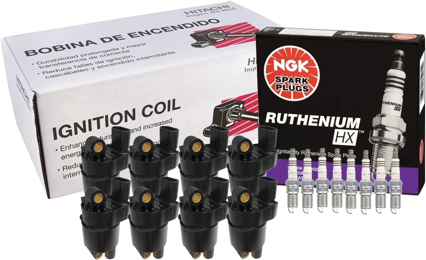 Hitachi 8 Ignition Coils & NGK 8 Ruthenium HX Spark Plugs