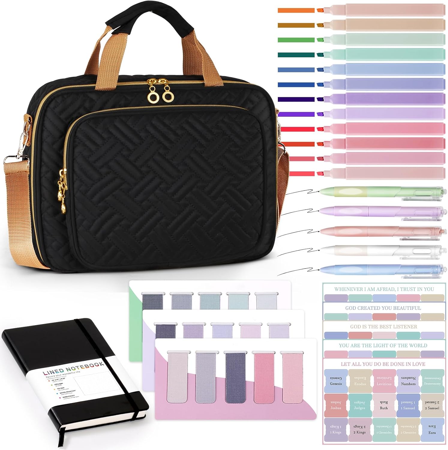 Bible Cover Case for Women - Large Bible Bag with Bible Study Supplies, Journaling Kit Book Carrying Case with Bible Highlighters Pens, Gel Pens, and Bible Tabs, Magnetic Bookmarks for Christian Gifts
