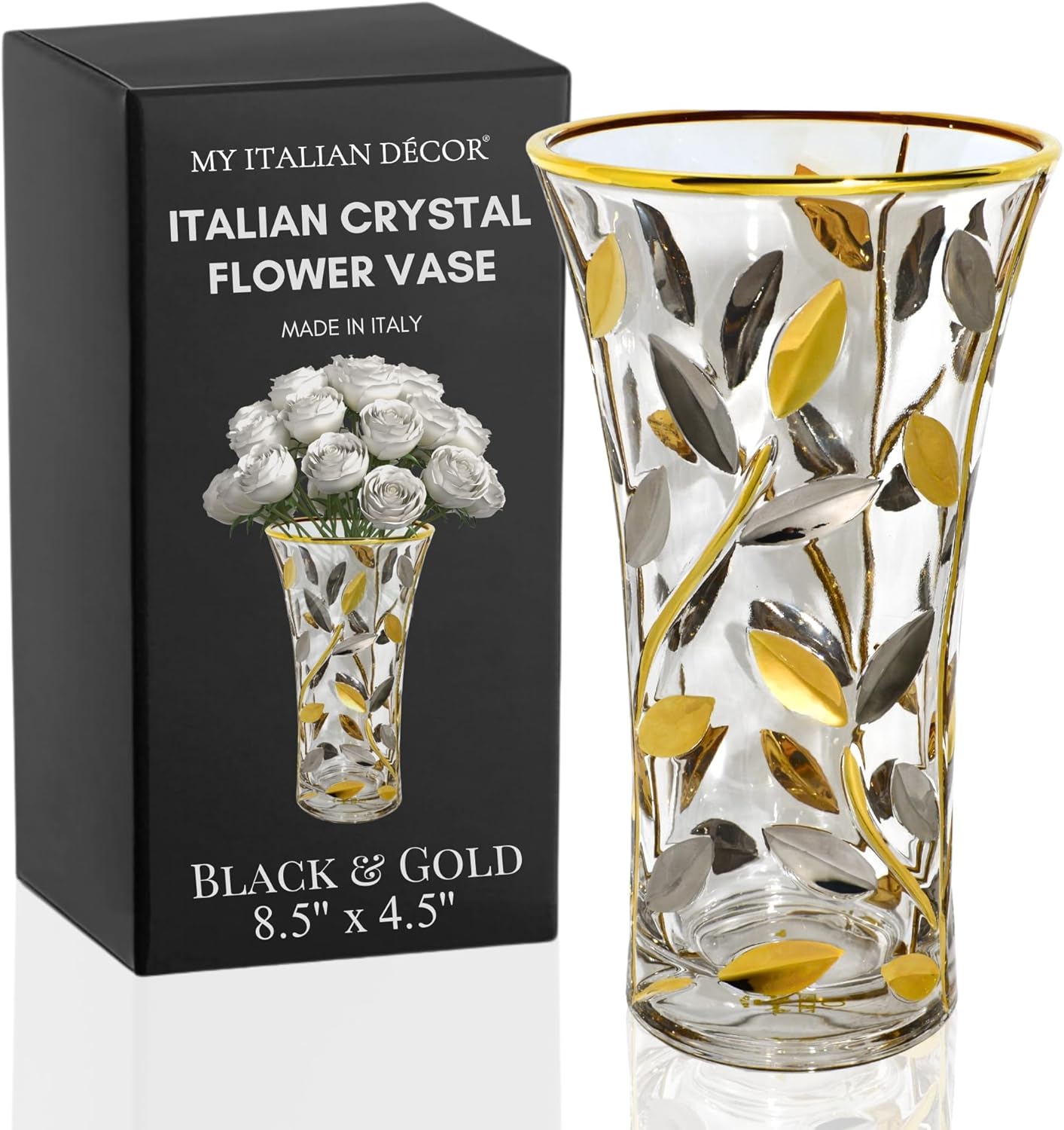 Luxury Italian Glass Vase, 8.5-inch, Silver & Gold Vase, Modern Flower Vase for Centerpieces, Shelf Decor, Perfect Gold Centerpieces for Table Home Décor Accents, Made in Italy