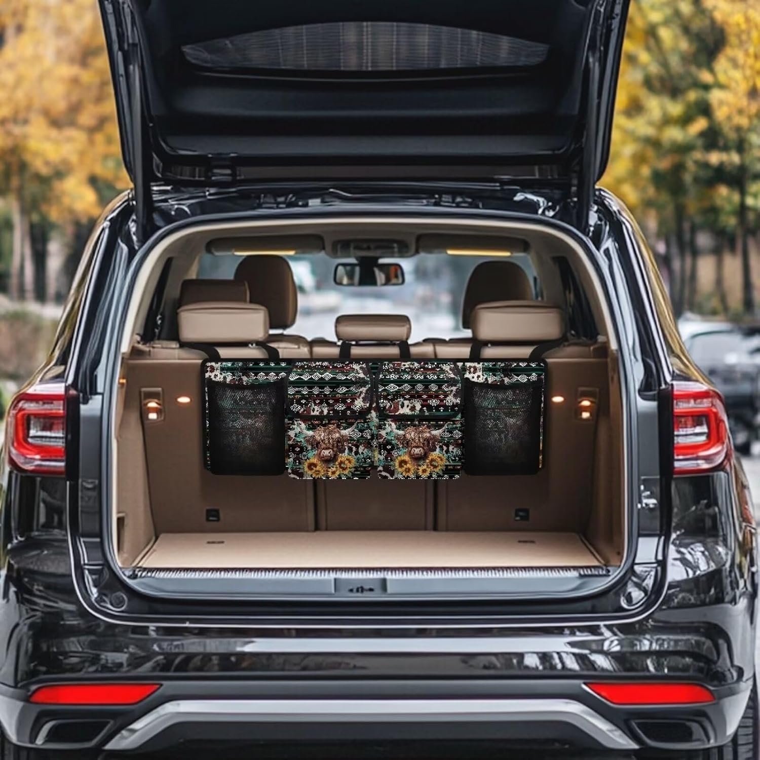 Aztecs Highland Cow Car Hanging Trunk Organizer,Sunflowers Waterproof Oxford Cloth Backseat Hanging Organizer,Universal Car Accessories