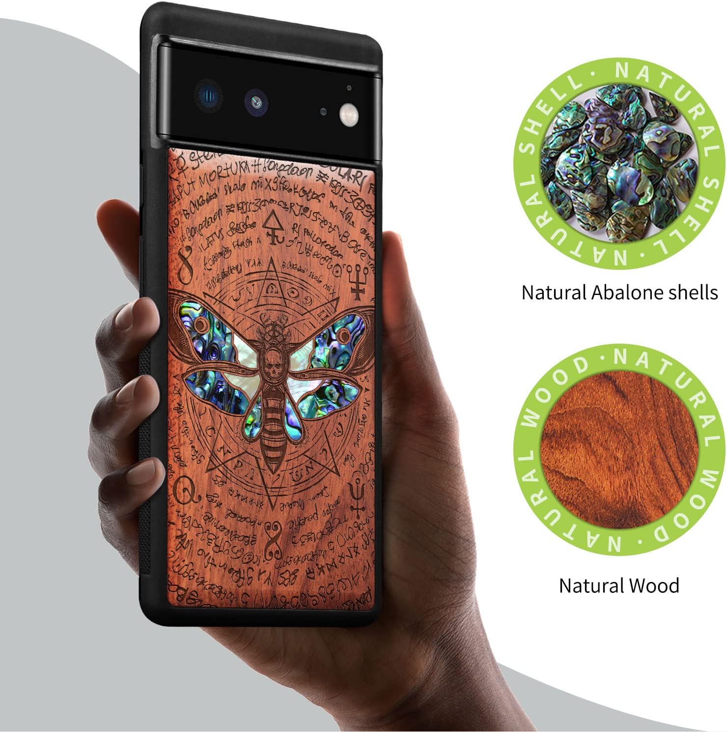 Carveit Designer Wooden Case for Google Pixel 6 Case Protective Cover [Wood Engraving & Shell Inlay] Wood Phone Case Compatible with Wireless Chargers Pixel 6 (Death's Head Moth-Rosy)