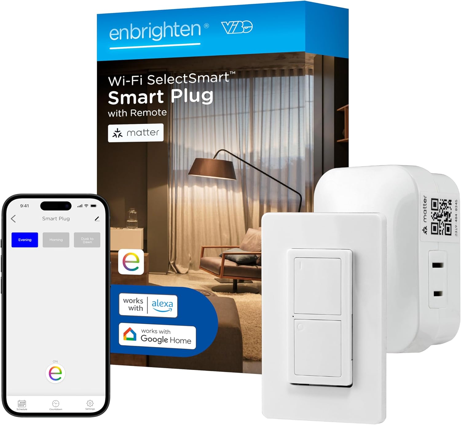 Enbrighten Vibe Smart Plug-in Outlet, Matter, 1 Polarized Outlet, Lighting Control, Includes Wireless On/Off Remote, No Hub Required, Works with Alexa, Google Home, White, 62717 Enbrighten Vibe Smart Plug-in Outlet, Matter, 1 Polarized Outlet, Lighting Control, Includes Wireless On/Off Remote, No Hub Required, Works with Alexa, Google Home, White, 62717