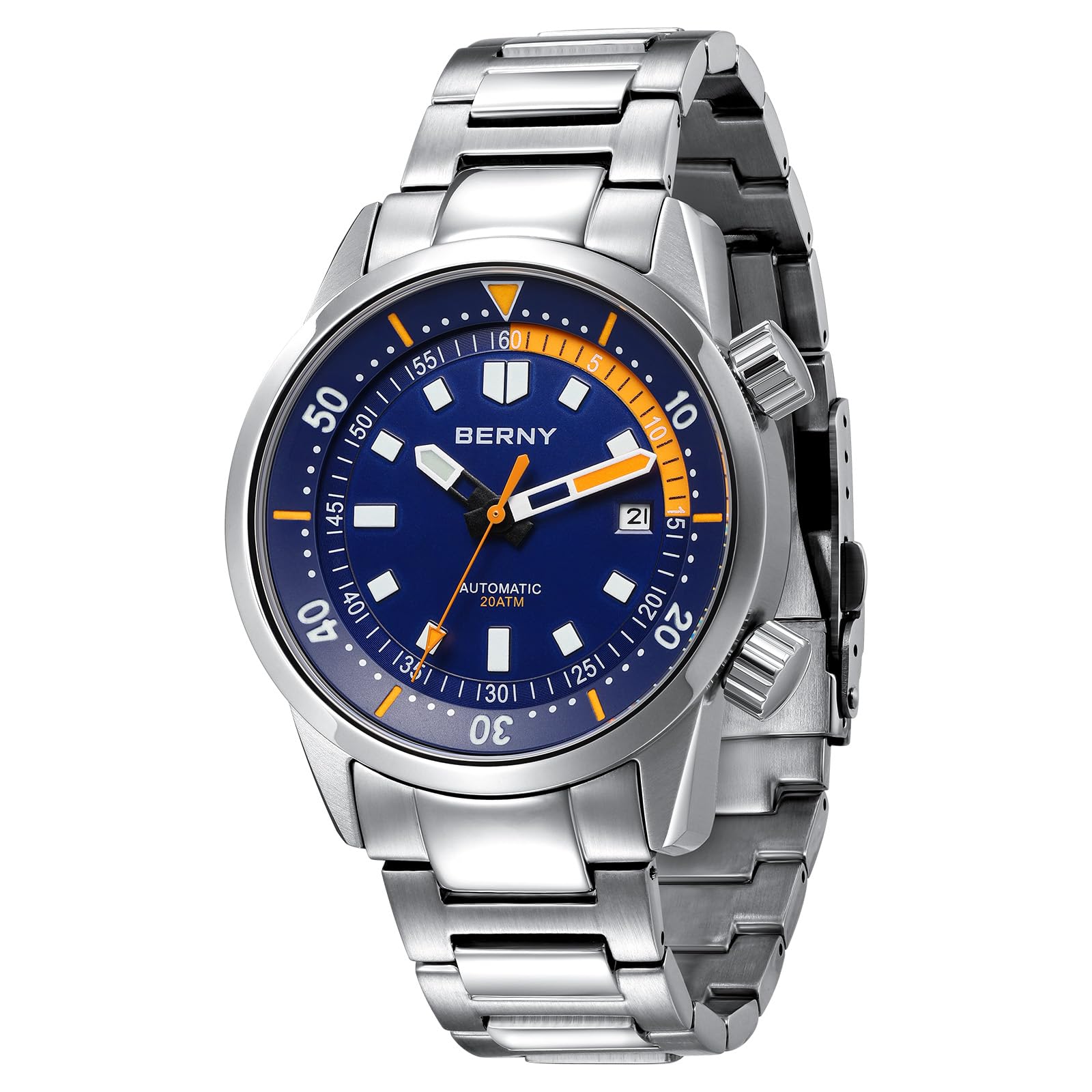 BERNY Reloj Automático para Hombres Sumergible 20 ATM Mecánico con Vidrio de Zafiro, Cómoda Correa de Acero Inoxidable y Súper Luminoso