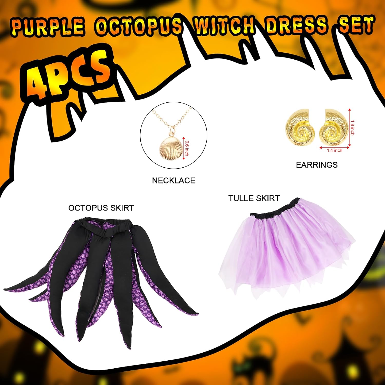 Women's Halloween Octopus Costume Set – Tentacle Tutu Skirt, Conch Necklace & Earrings, Witch Cosplay Outfit - Image 3