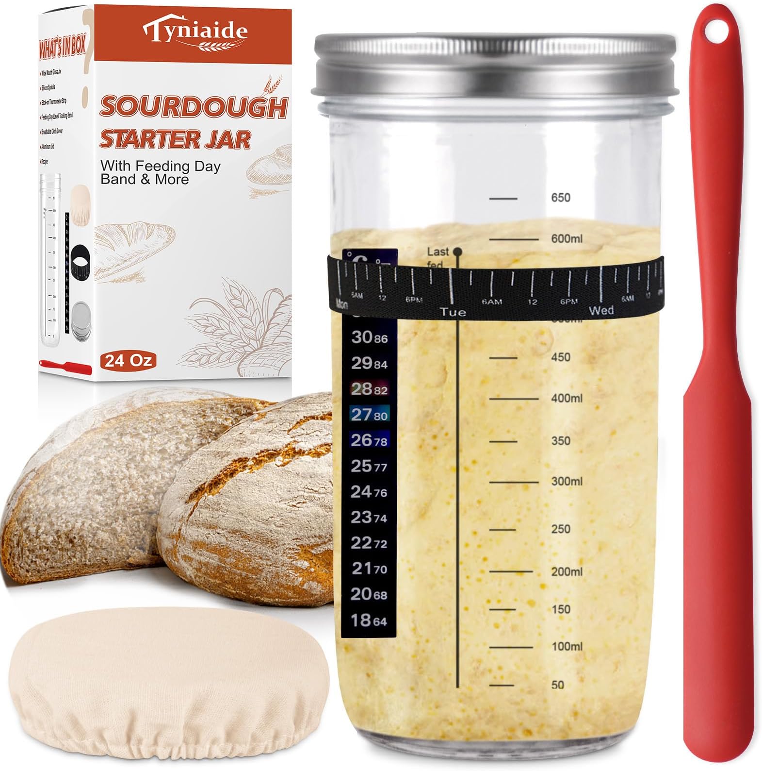 Sourdough Starter Jar Kit, 650ml Sourdough Starter Jar With Thermometer, Silicone Scraper, Cloth Cover And Aluminum Lid. Reusable Sour Dough Starter Jar