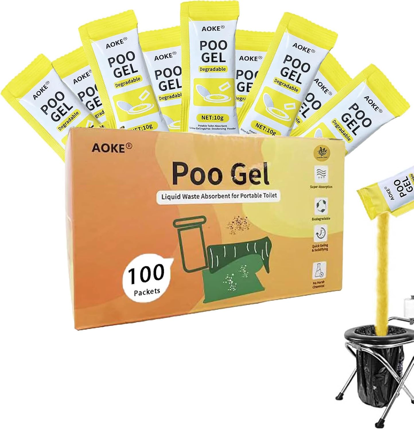 AOKE Portable Toilet Powder, 100 Pack Poo Gel Lavender scent for Camping Eco Absorbent Gel Liquid Waste Gelling and Deodorizing Powder, Emergency Toilet Waste Treatment for Outdoor Camping Hiking