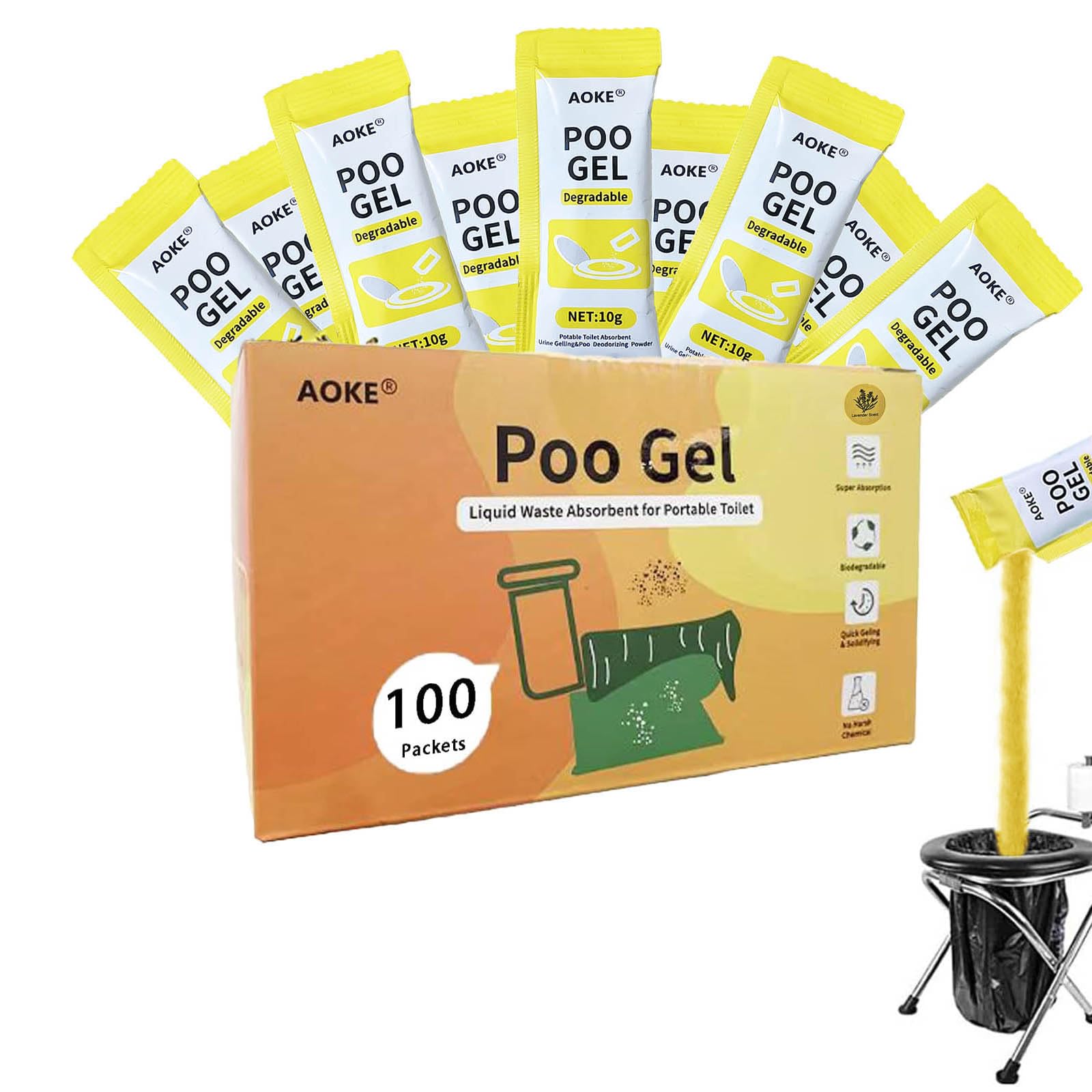 AOKE Polvo de inodoro portátil, paquete de 100 unidades de gel de caca con aroma a lavanda para camping, gel absorbente ecológico, polvo desodorizante y gelificante, tratamiento de residuos de inodoro