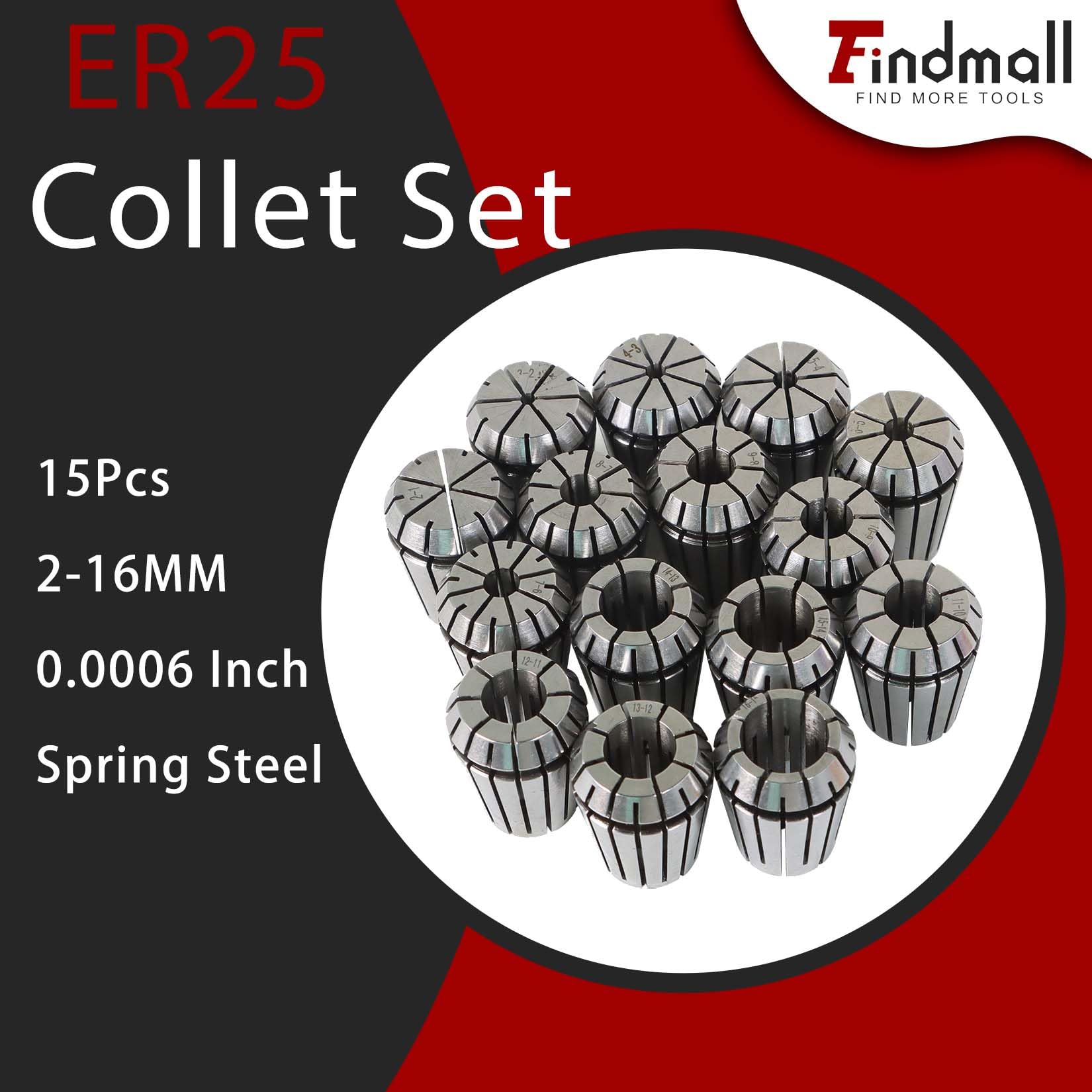 Zestaw tulei zaciskowych ER25 15 szt. Zestaw tulei zaciskowych ER25 ze sprężyną zaciskową do tokarki grawerującej CNC, 2-16 mm, pasuje do grawerki CNC i tokarki frezującej