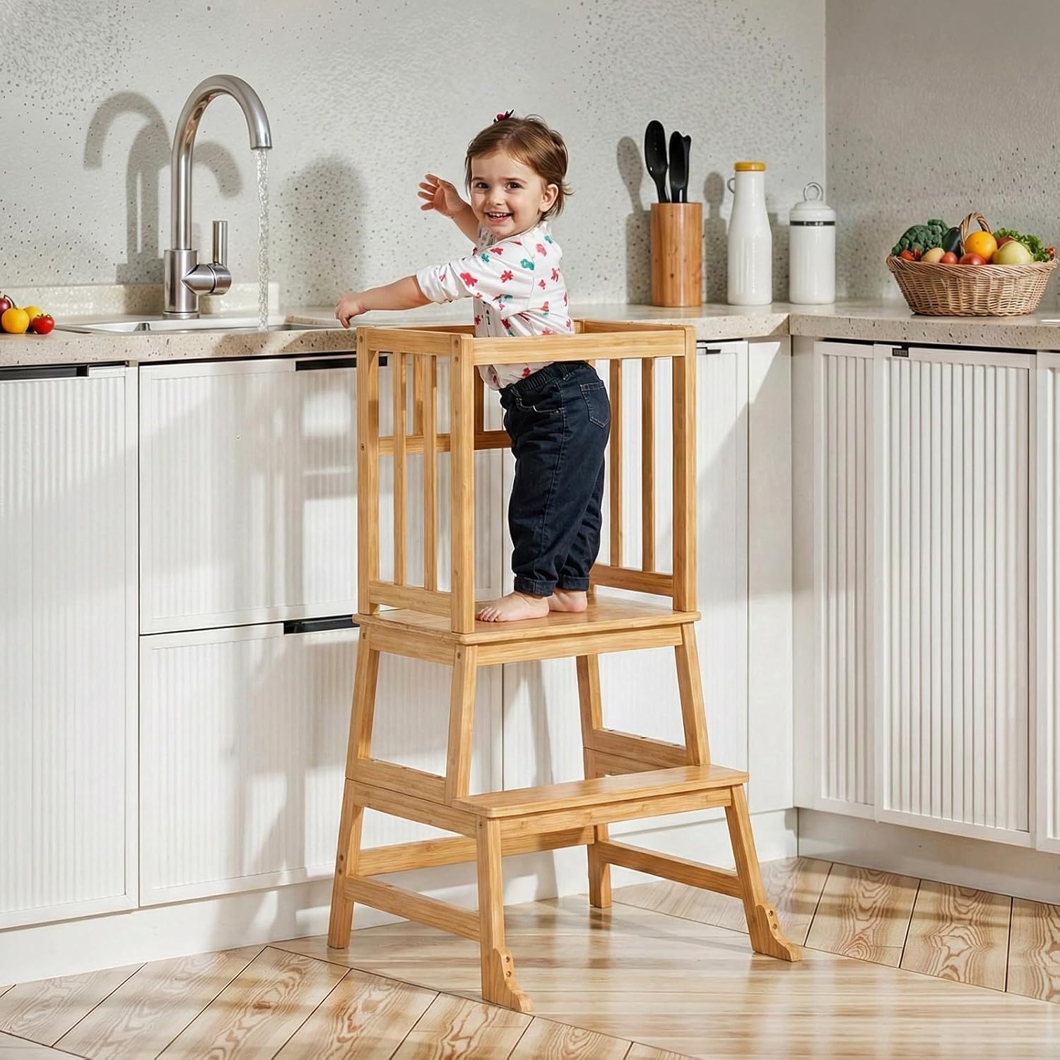 COSYLAND Toddler Kitchen Standing Tower -Toddler Kitchen Stool Helper - Kids Kitchen Step Stool for Learning Bathroom Kitchen Living Room Dining Room 1.5-3 Years Light Yellow