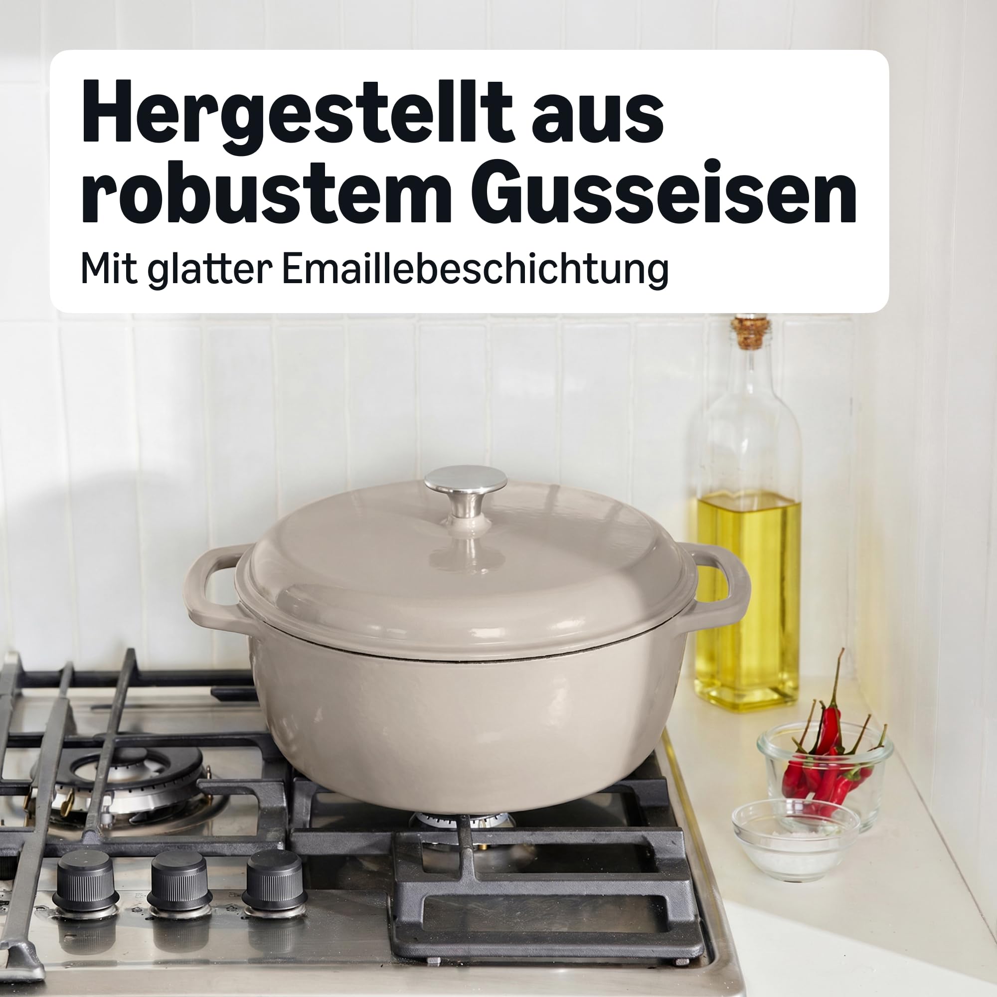 Amazon Basics Schmortopf Rund aus Emailliertem Gusseisen mit Deckel, 4,1 L, Leinengrau