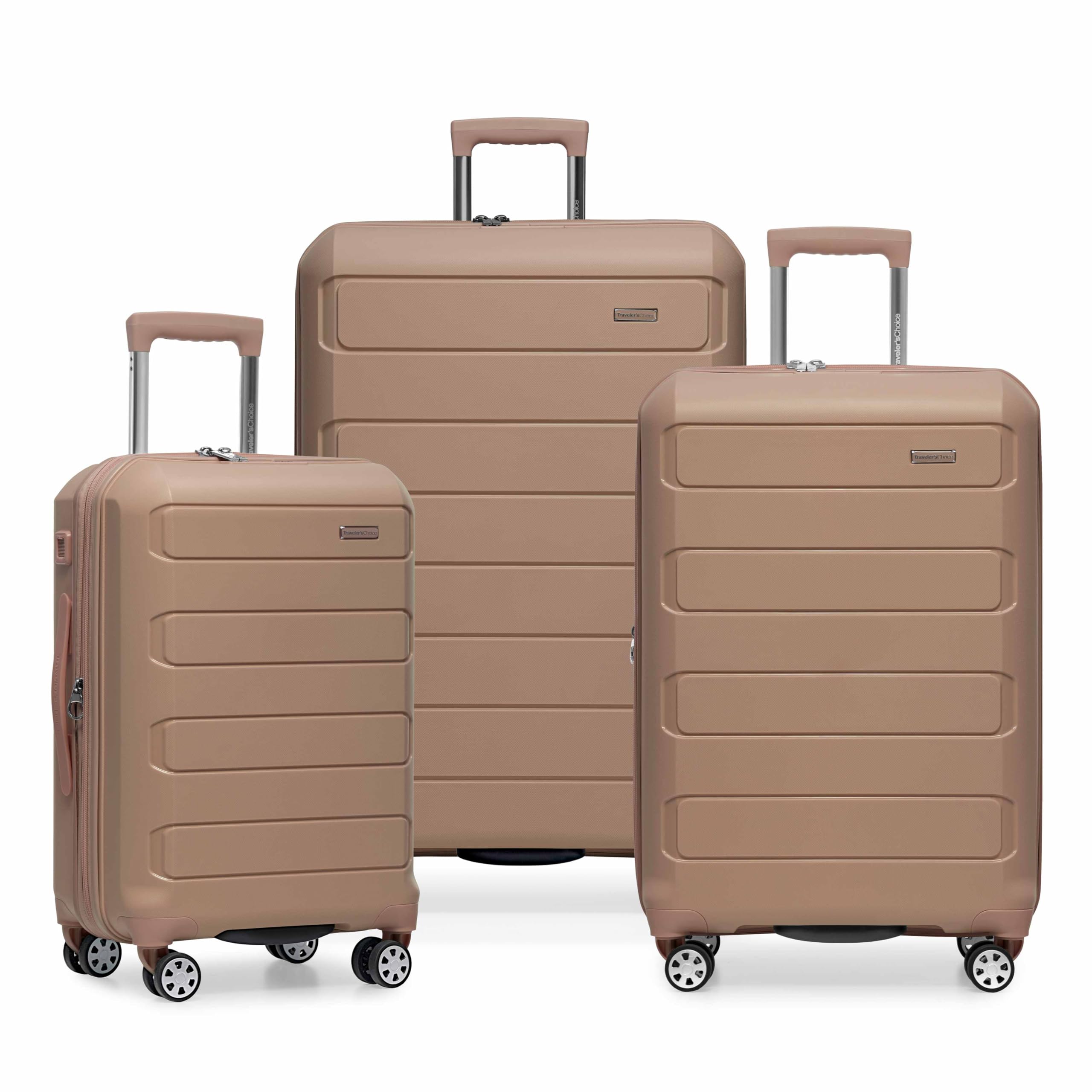 Traveler's Choice Pagosa Indestructible Hardshell Expandable Spinner Luggage, Latte Beige, 3-Piece Set (22/26/30)
