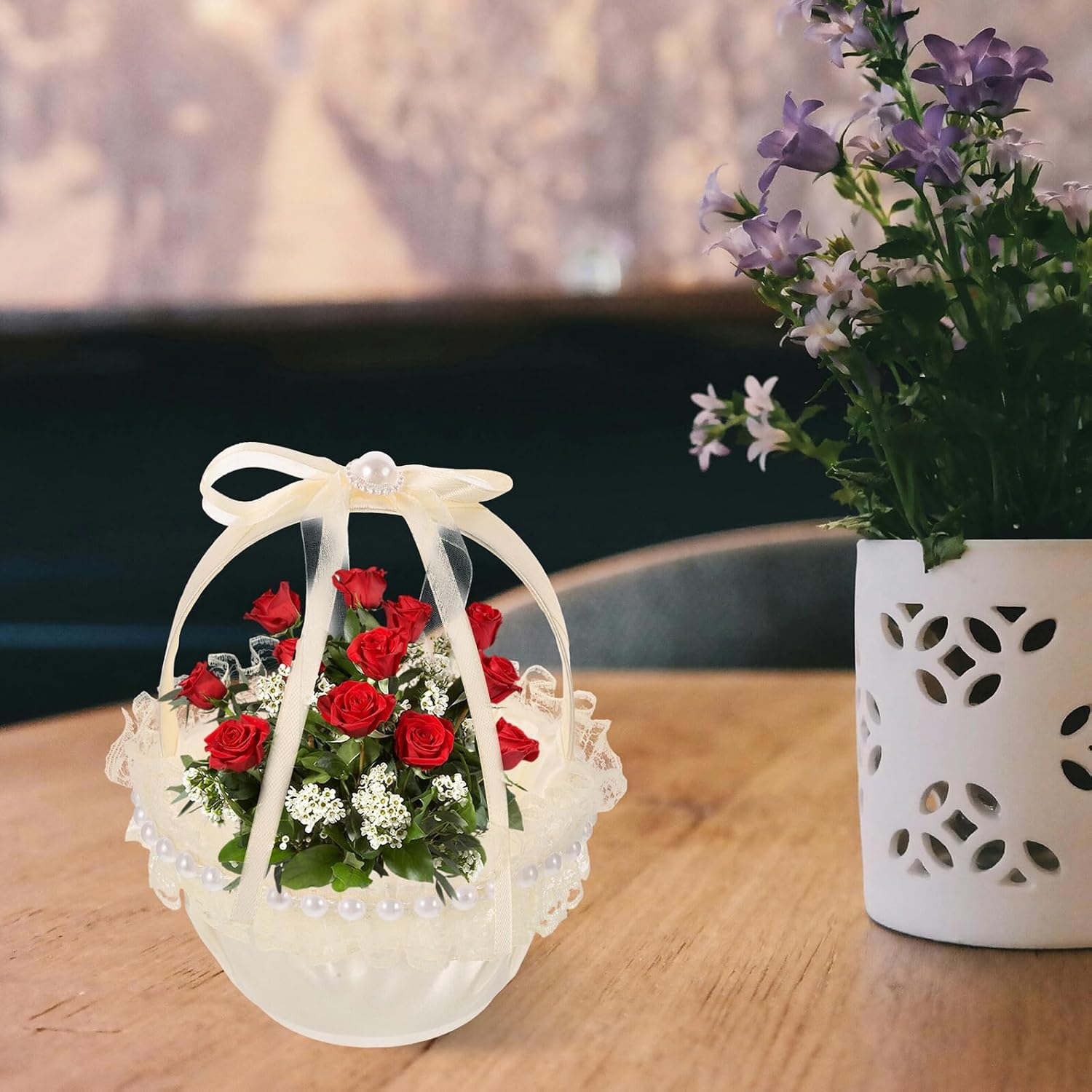 STAHAD Wedding Flower Girl Basket with Handle and Bowknot Decoration Lightweight Ivory Floral Basket for Outdoor Weddings and Bridal Parties