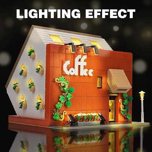 Miniatura 2 de Juego de construcción de cafetería con luz LED, colección de bloques de construcción de casa moderna de calle, kit de modelo de juguete, juego