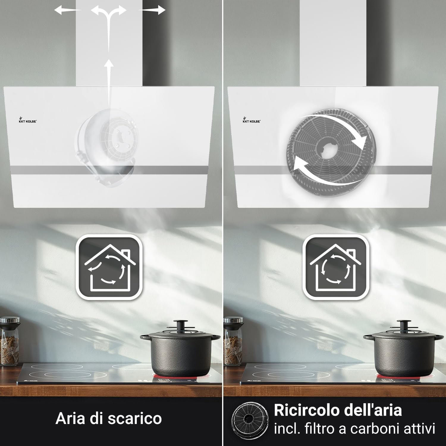 Diagram showing KKT KOLBE EASY8005WM range hood in exhaust air mode and recirculation mode with activated carbon filter