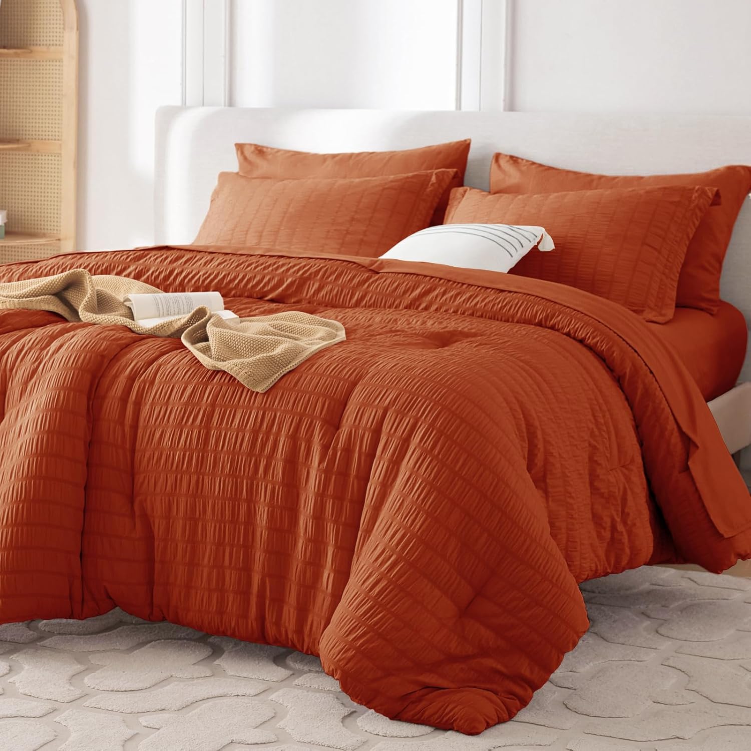 muxhomo 7 pieces queen comforter set, seersucker bed in a bag queen size, all season luxury bedding set with comforter, flat sheet, fitted sheet, pillowcases & shams, burnt orange queen (88"x88") burnt orange