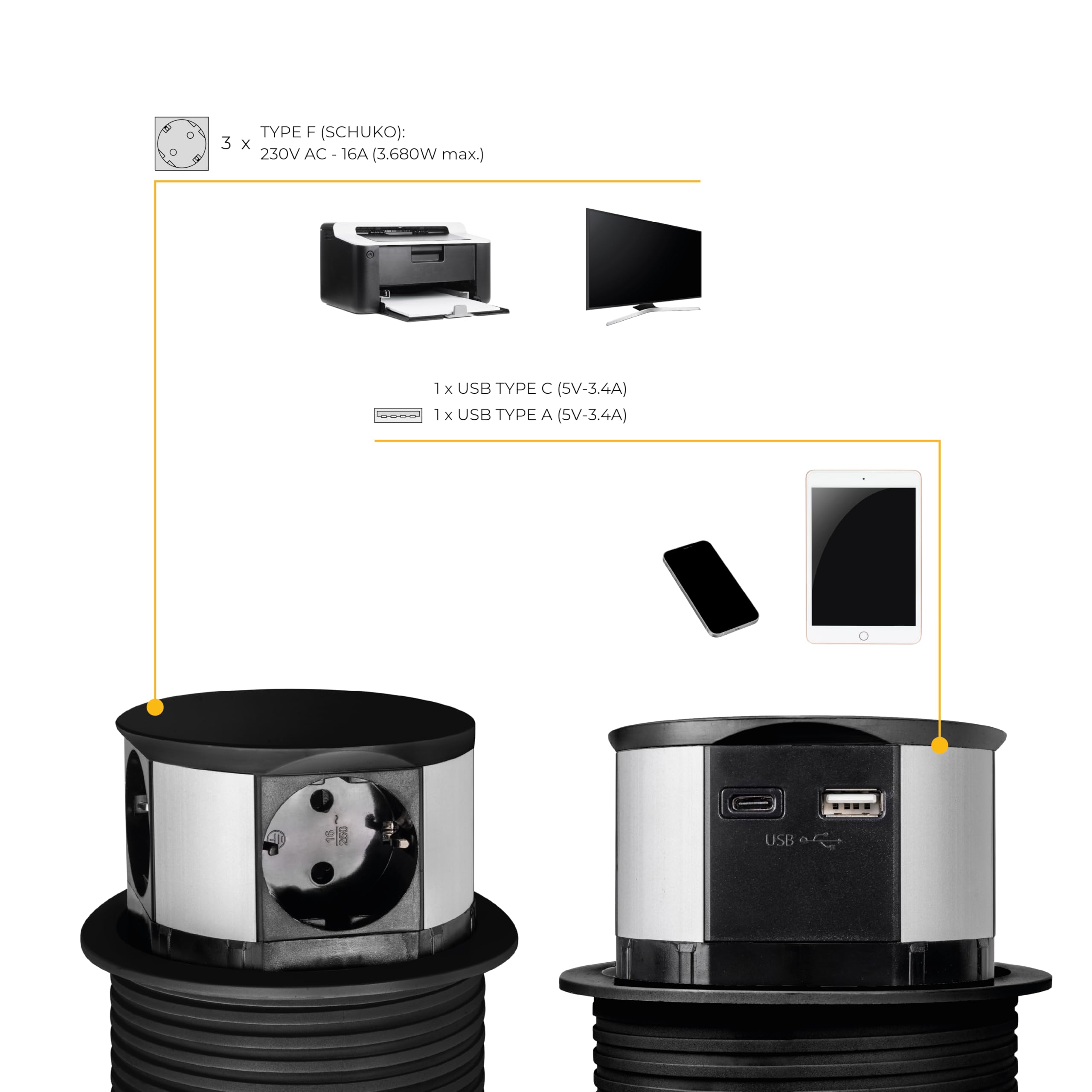 Emuca - Multiconnettore Vertikale Push diametro 100mm, 3 spine di tipo Schuko, 1 USB A, 1 USB C, Acciaio e Tecnoplastica, Verniciato Nero