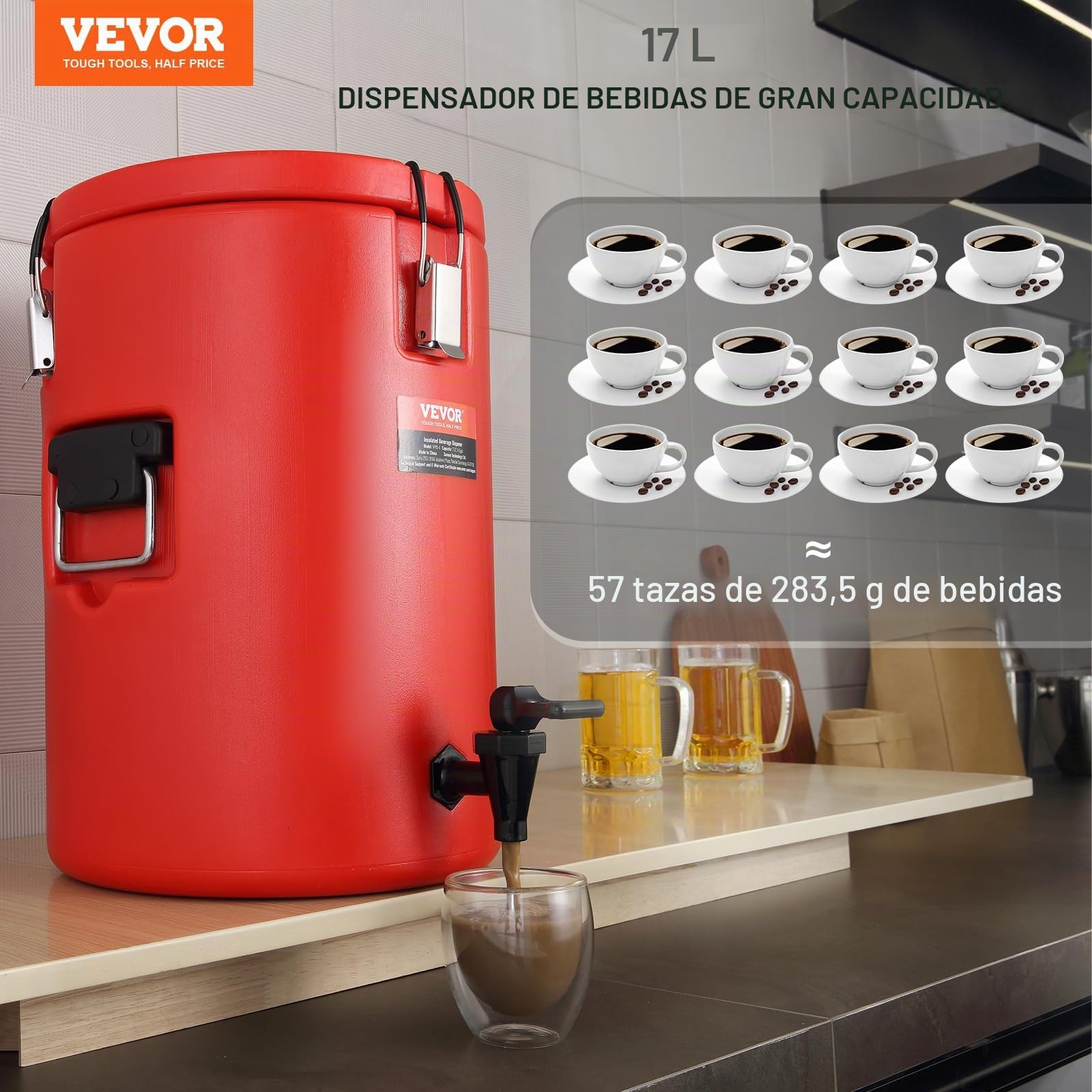 VEVOR Dispensador de Bebidas Aislado Dispensador de Agua Fría y Caliente No Eléctrico 17,2 L Almacenamiento de Alimentos de Acero Inoxidable Contenedor Aislado 10 H con Grifo Portátil para Camping