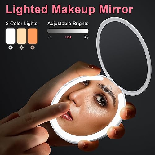 Miniatura 2 de Espejo de maquillaje compacto con 3 luces de color, aumento 3X, interruptor recargable y automático, espejo portátil de viaje para bolso o bolsillo,
