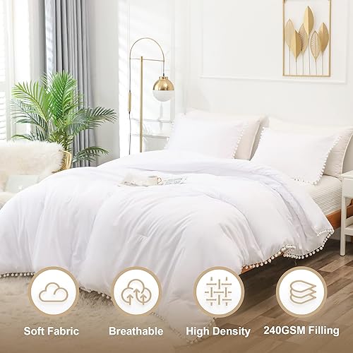 Miniatura 4 de YOZEN Juego de edredón blanco tamaño Queen (90 x 90 pulgadas), juego de edredón Queen de 3 piezas (1 edredón con flecos y 2 fundas de almohada),