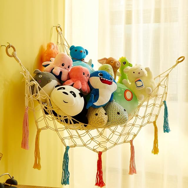 Toy Storage Hammock Teddy Organizer Net, Boho Macrame Plush Animal Toy Mesh Holder with Colorful Tassels, Wall Corner Storage Net Large Hanging Net for Kids Bedroom