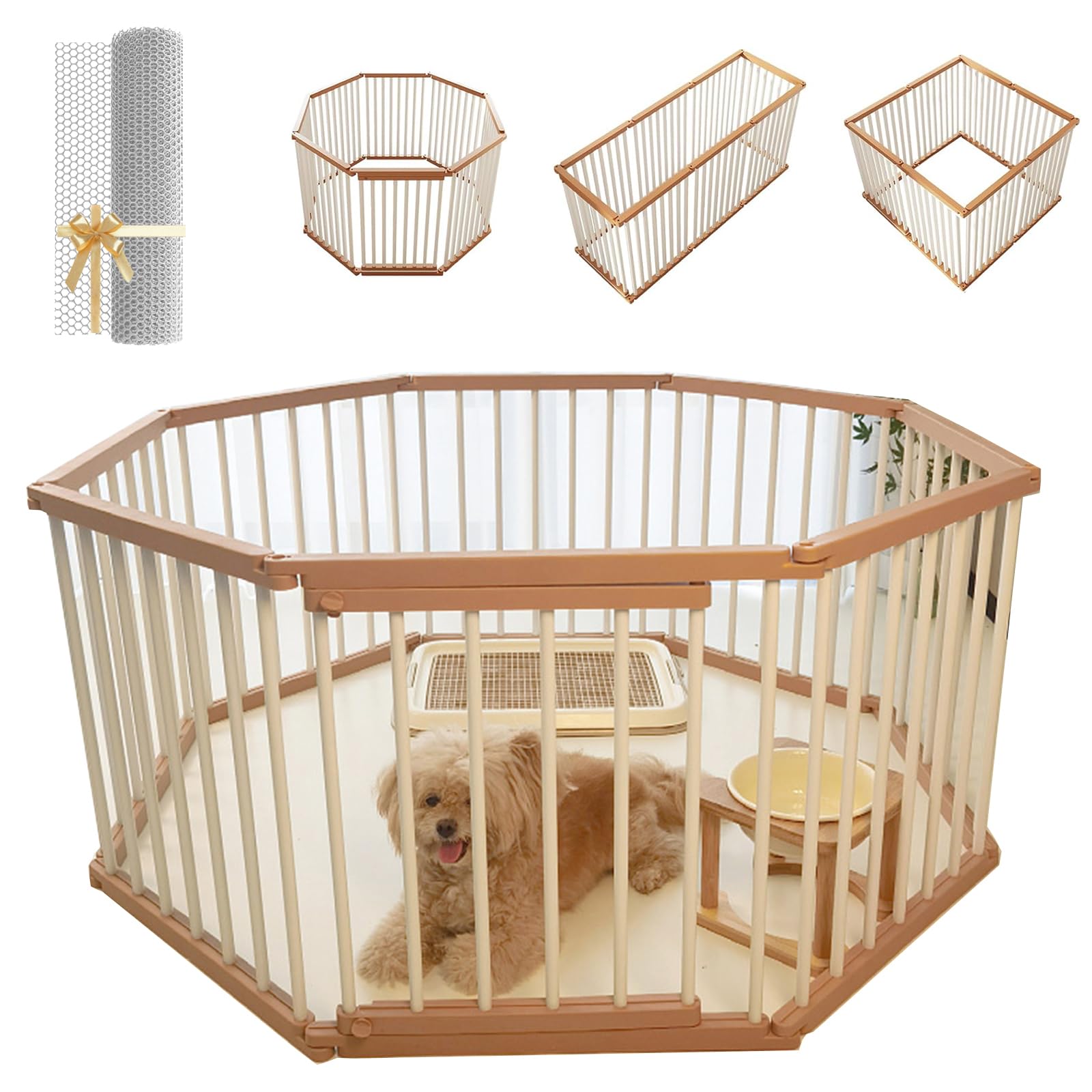 LIODUX Dog Playpen, 8/10/12 Panels Pet Enclosure with Door, Fence Portable Puppy Exercise Pen with Anti-escape Nets, Heavy Duty Dog Crate Cage Kennel for Small & Medium Dogs (Beige, 8 Panels)