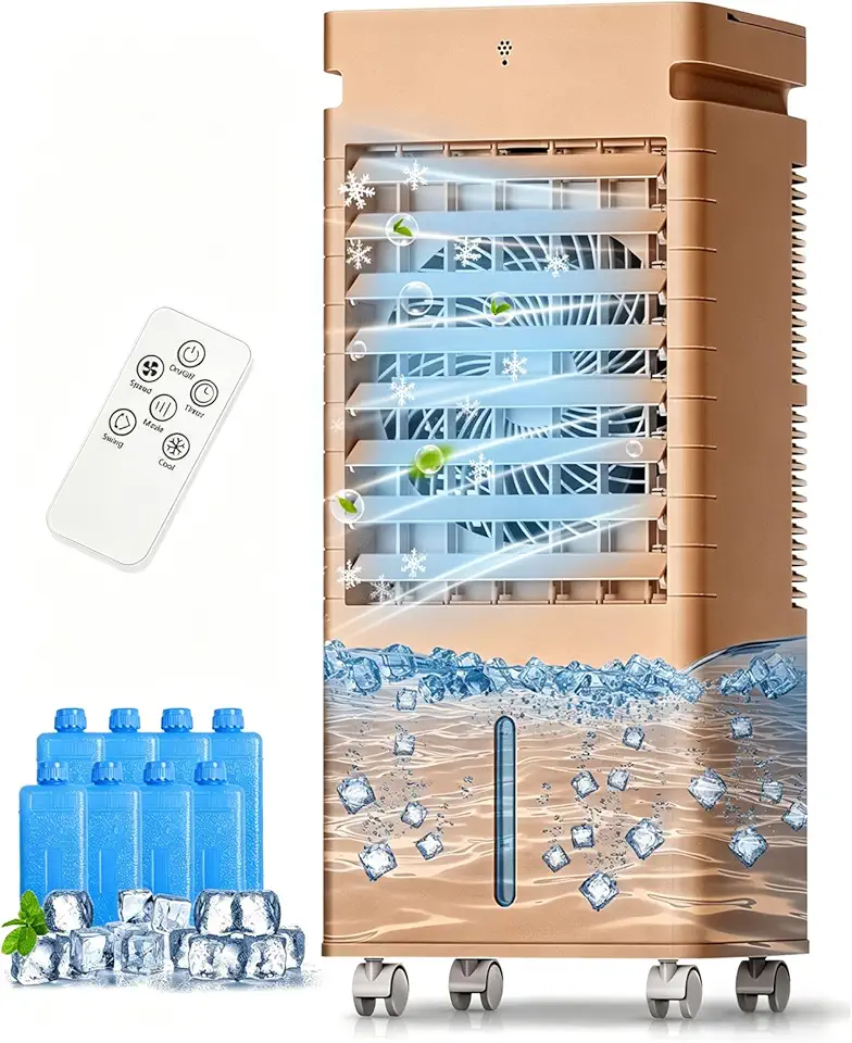 Ar-Condicionado Portátil — Climatizador Evaporativo para Ambientes, Ventilador de Resfriamento sem Instalação em Janela (Sopra Ar Frio) com Controle Remoto e Reservatório de 5L (dourado claro)