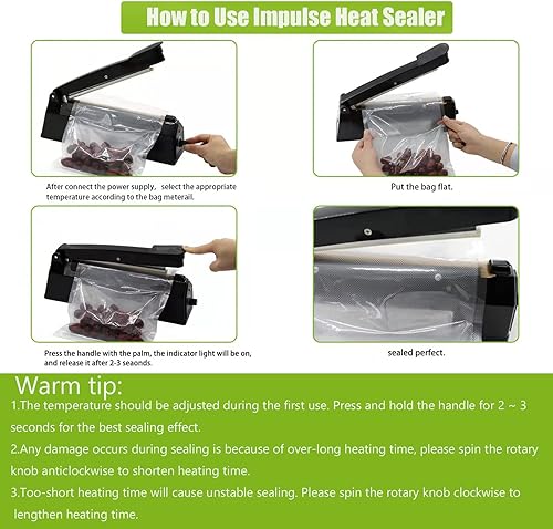 Miniatura 6 de Sellador térmico por impulso de 8 pulgadas, máquina de sellado térmico manual de bolsas de polietileno, selladora térmica para bolsas de plástico,