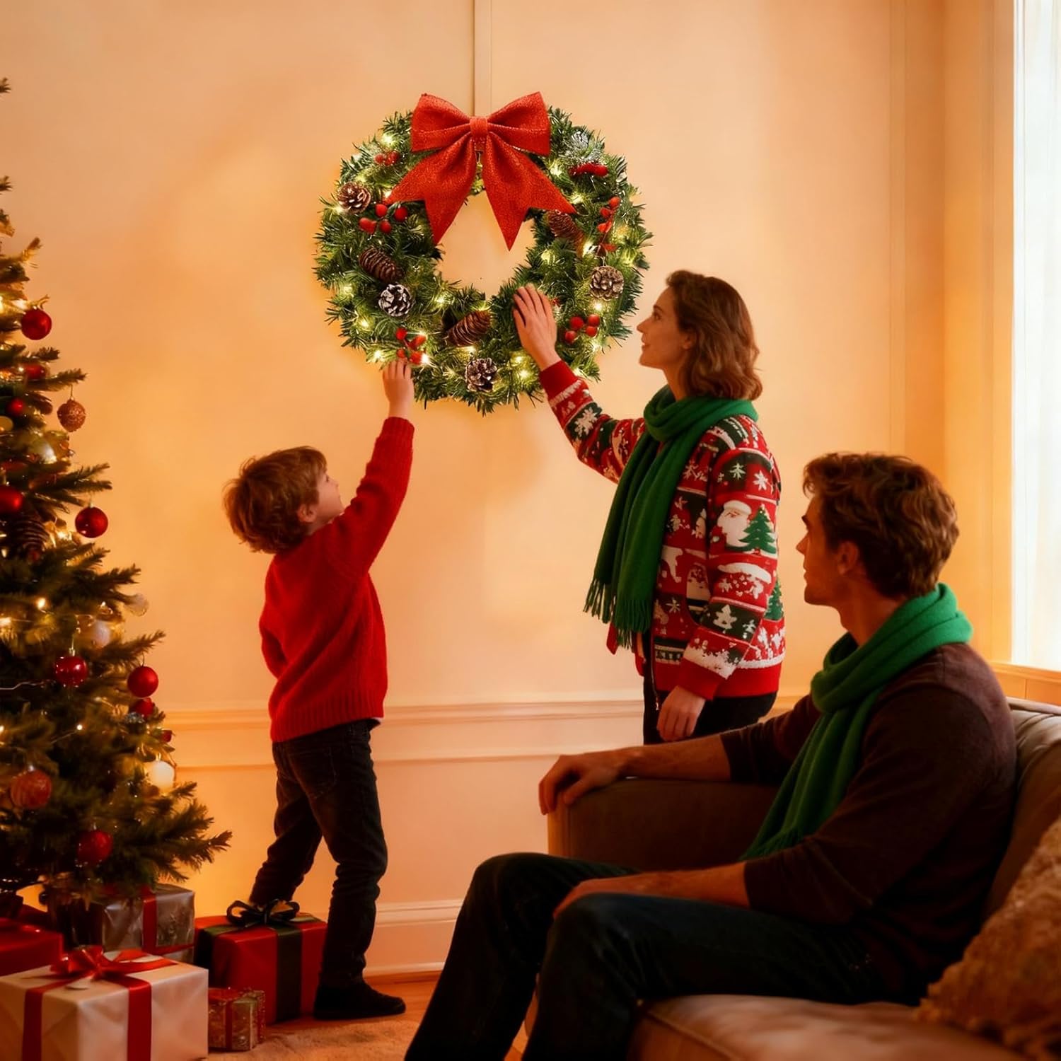 Christmas Wreath Outdoor - 15-Inch Artificial Wreath, Front Door Christmas Decor, Festive Design with LED Lights, Holiday Accessory for Home, Indoor, Window, Wall, Garden, Yard, and Winter Use - Image 2