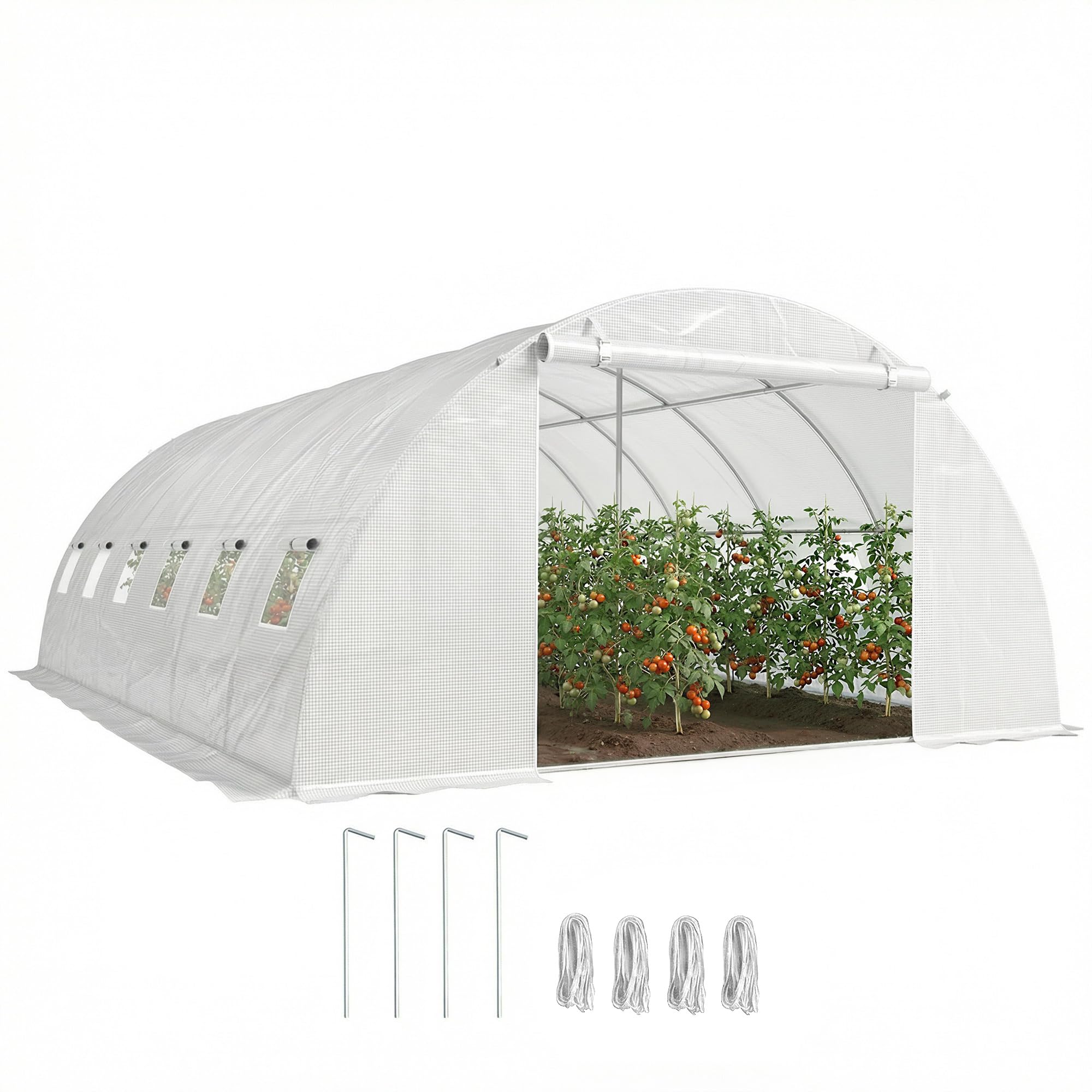 Outsunny Serra da esterno 6x4x2 m, Serra a tunnel con 2 aste di supporto, porte avvolgibili, finestre con rete, copertura in PE e telaio in acciaio zincato, anti-UV, impermeabile, bianca
