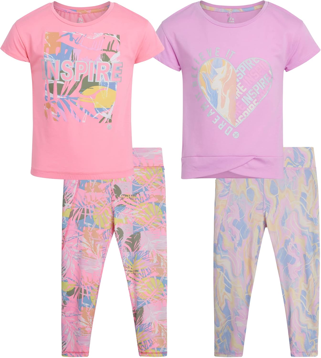 RBX Girls’ Active Set – Performance Short Sleeve T-Shirt, Capri Yoga Pants Leggings Set (2 Pack)
