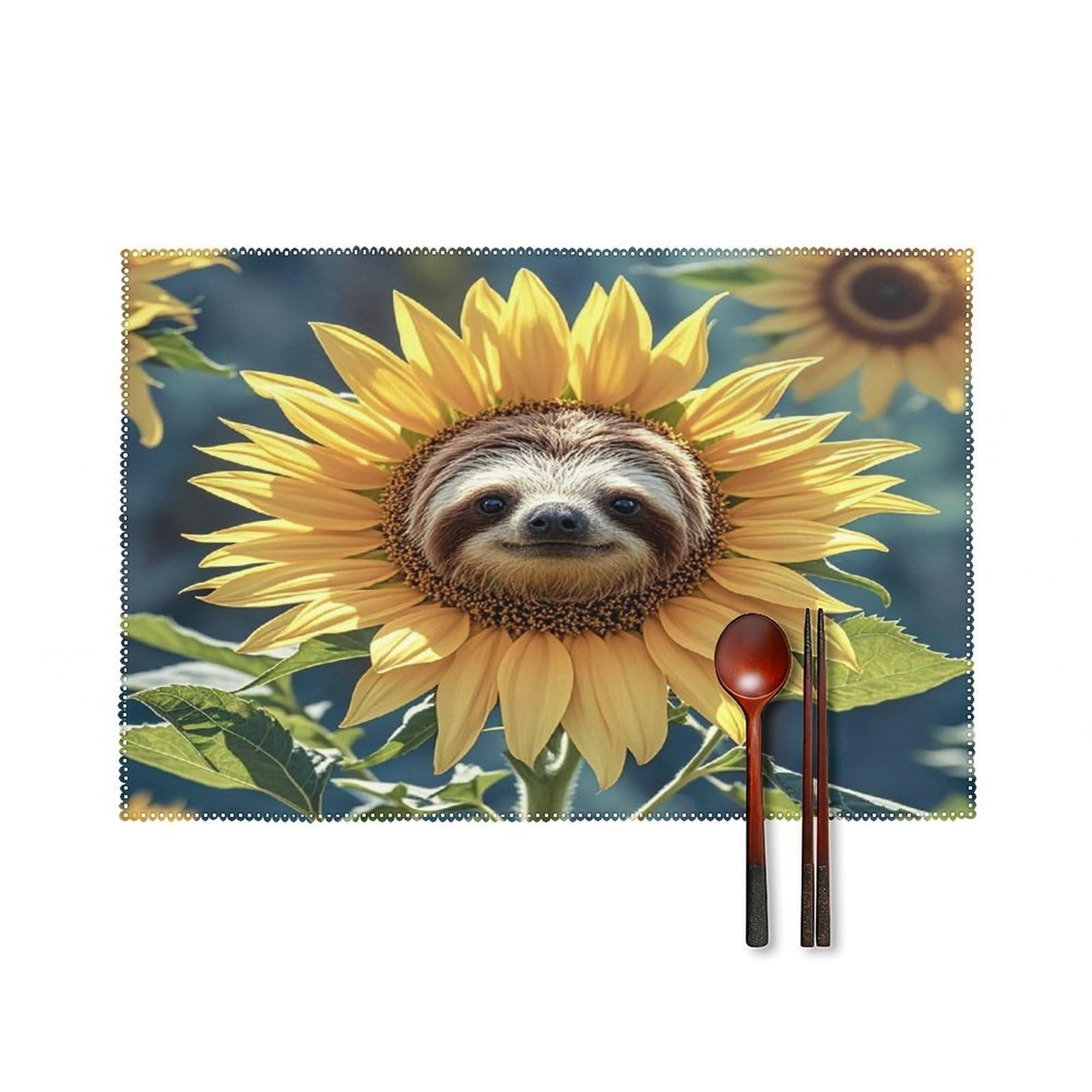 Sloth Sunflower Placemats Set of 6 Washable Farmhouse Dining Table Mat Non Slip Heat Resistant Non-Slip Place Mats Easy Clean Table Protective Placemats for Indoors & Outdoors