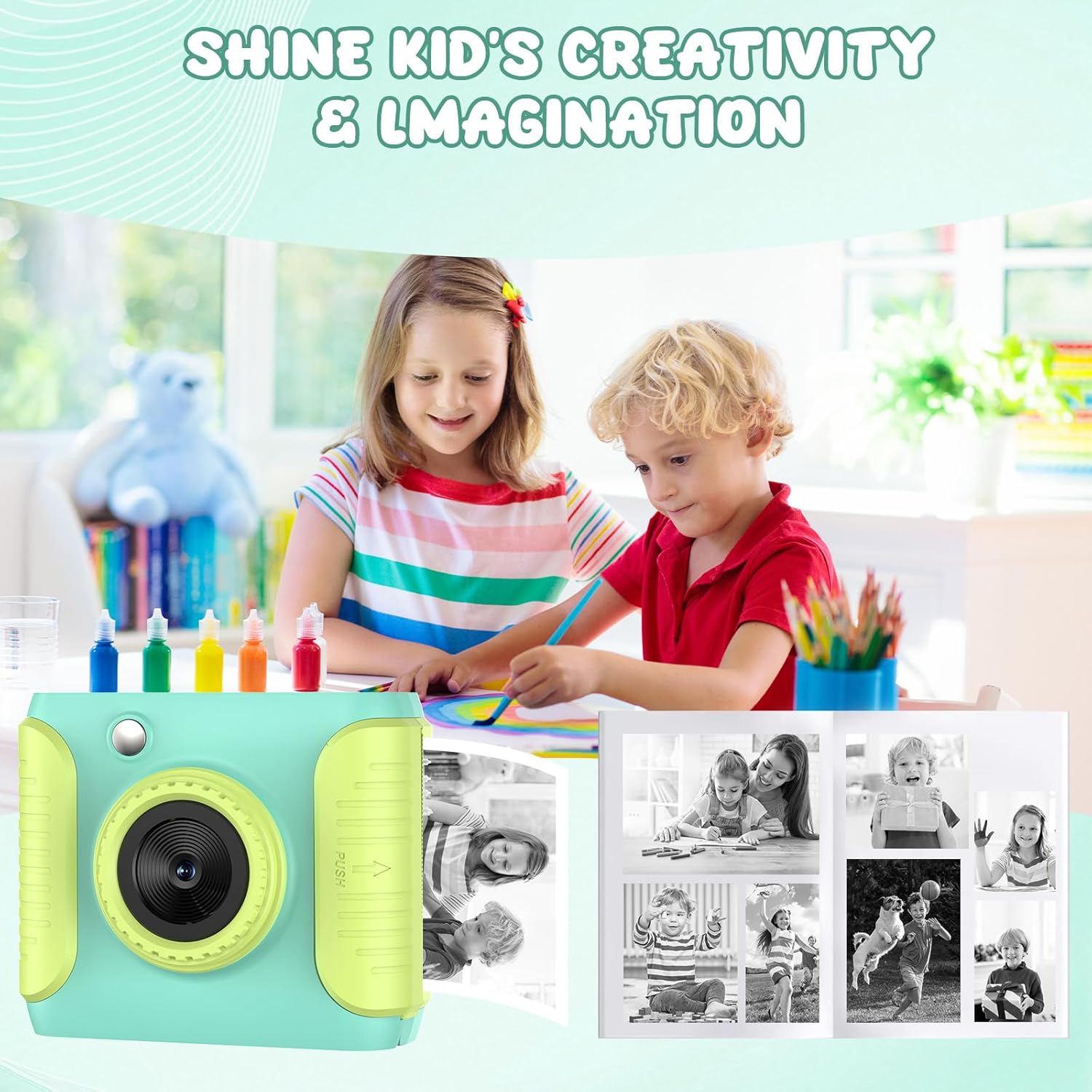 Instant Print Camera for Kids,2.4 Inch Screen Kids Instant Cameras, Christmas Birthday Gifts for Girls Age 3-12,Portable Toddler Toy for 3 4 5 6 7 8 9 10 11Year Old Girls Boys Green