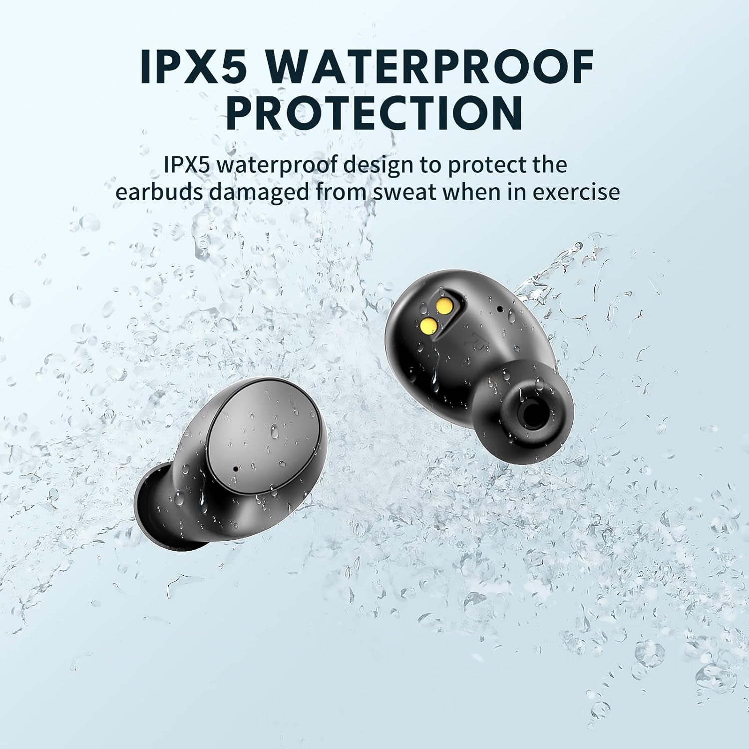 Two Lanteso S21 earbuds being splashed with water, demonstrating their IPX5 waterproof protection.