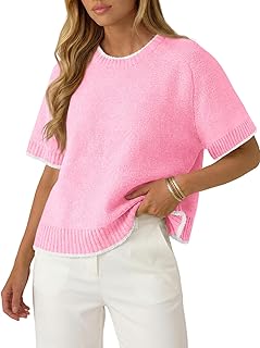 Saodimallsu Womens Short Sleeve Sweaters Crew Neck Lightweight Casual Loose Fit Summer Trendy Knit Tops