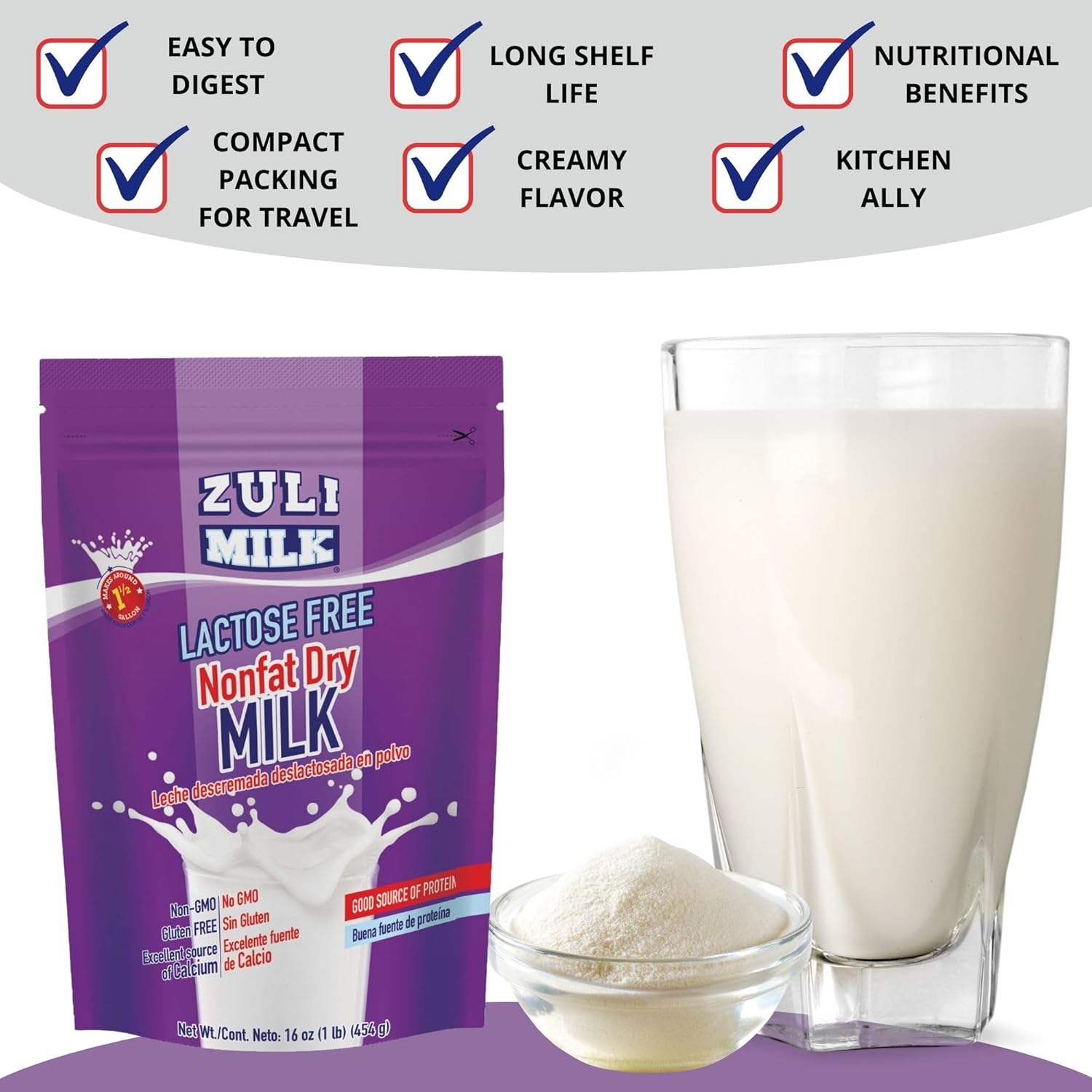 Nonfat Dry Milk Powder for Baking & Coffee 16oz - Fat Free & Lactose Free Powder for Adults, Non-GMO, rBST Hormone-Free, Good Source of Protein and Calcium, Substitute For Liquid Milk (3 Pack)