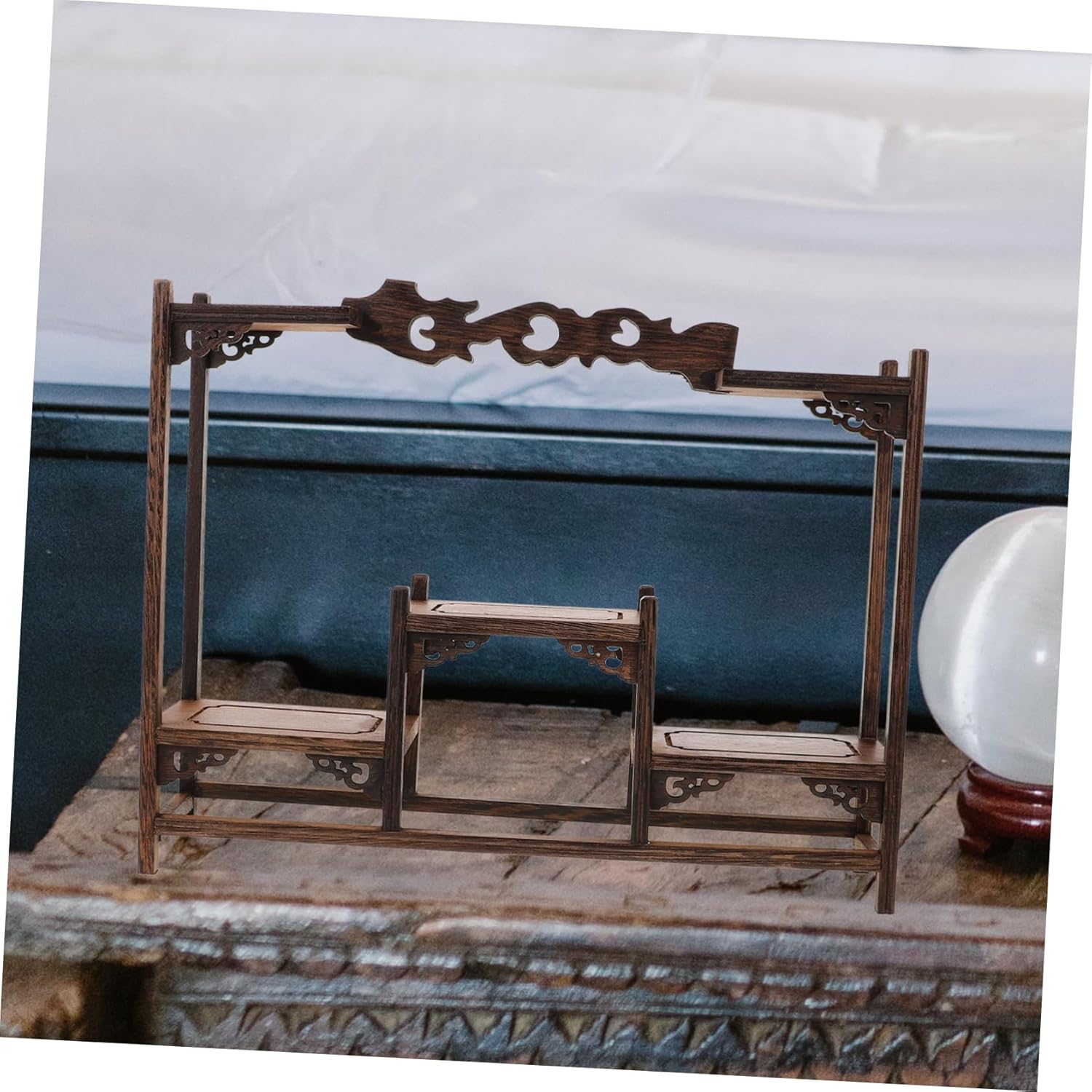 Cabilock Stable Wooden Display Shelf Organizer for Collectibles Antique Tabletop Stand for Home Office Treasured Items Elegant Design for Vases and Curios