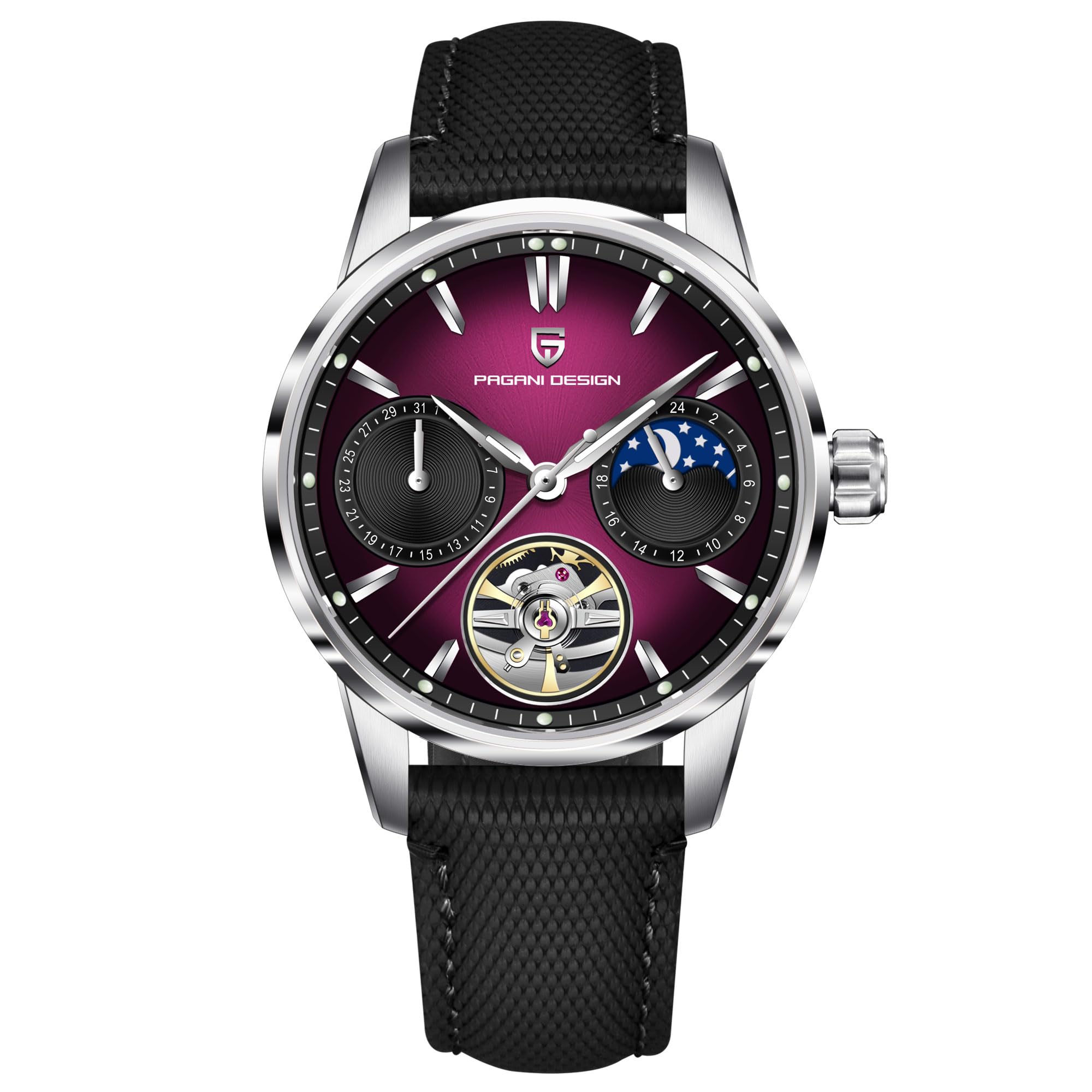 TYBERLEY Orologio da uomo automatico di lusso con scheletro Tourbillon fasi lunari in acciaio inox impermeabile 100 m cinturino in pelle orologio meccanico da uomo YS021