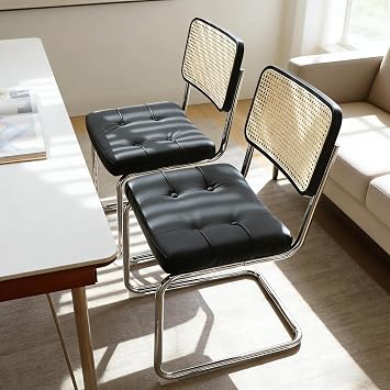 Dining Chairs Set of 2, Modern Rattan Back Chairs with Chrome Cantilever Frame & Chrome Legs, Mid-Century Upholstered Armless Side Accent Chair with Faux Leather Seat for Kitchen, Black