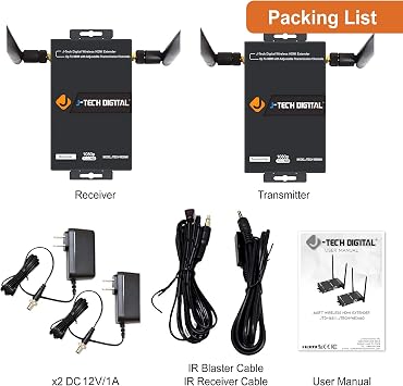 J-Tech Digital Wireless HDMI Transmitter and Receiver 660ft Full HD 1080p with HDMI Loop Output Operation Channel Change IR Passthrough