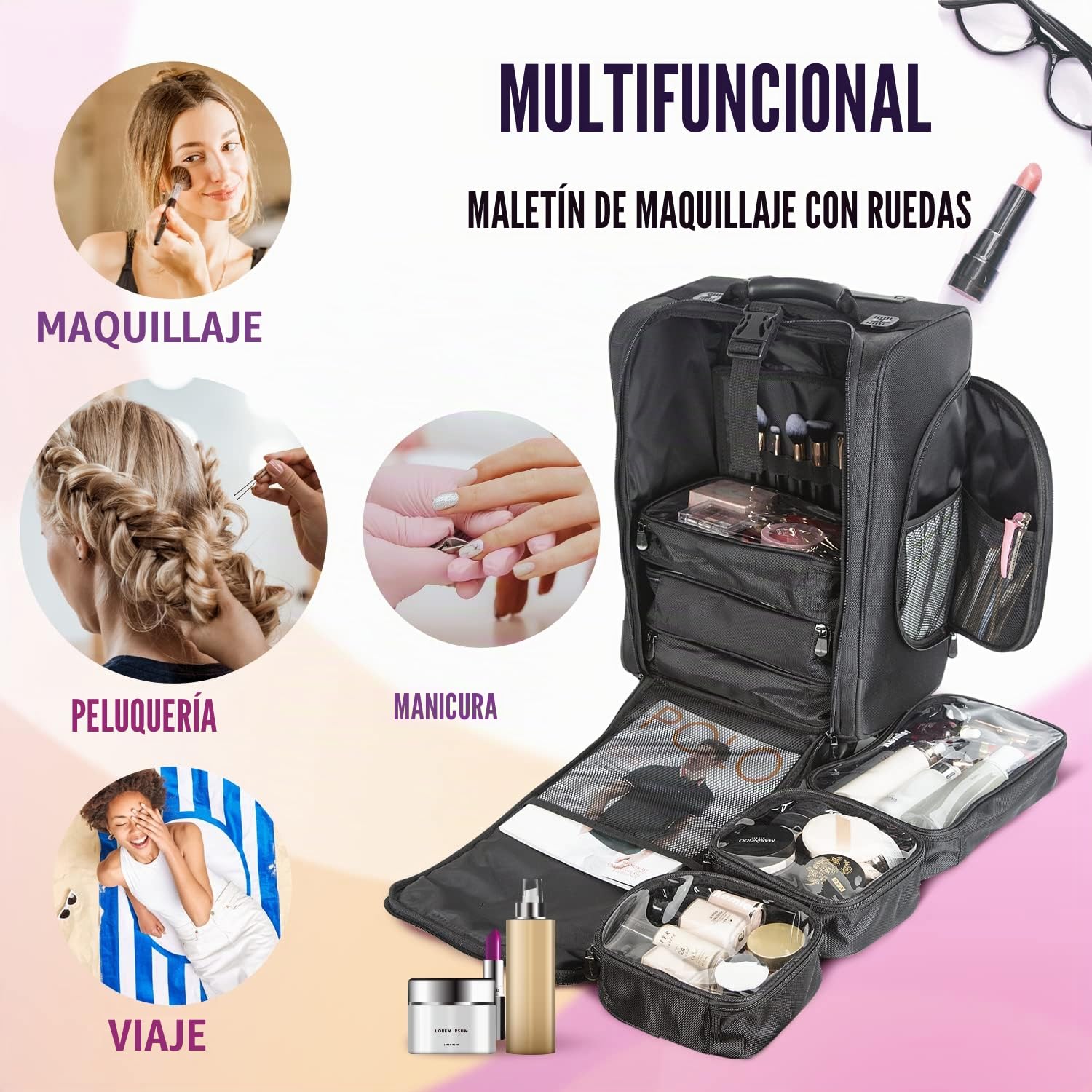Organizador de Cosméticos Portable, Estuche de Maquillaje con Ruedas de Nylon Suave con Bolsos, Negro