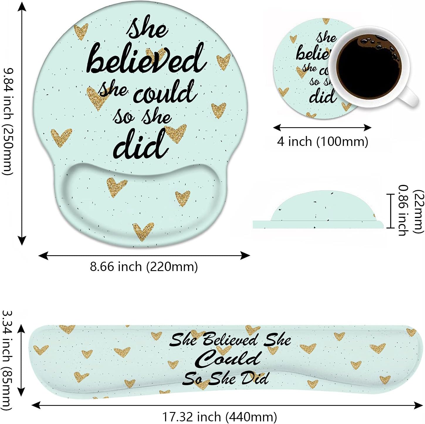 Keyboard Wrist Rest and Mouse Pad Wrist Rest Support Set with Coasters, She Believed She Could So She Did Inspirational Quote Wrist Mouse Pad with Non-Slip PU Base for Computer Laptop Home Office