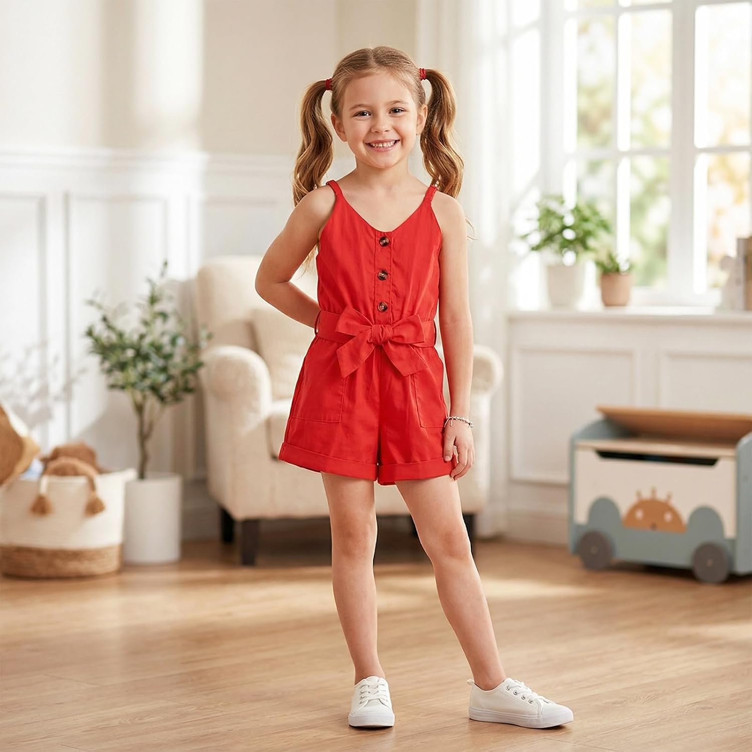 Girl Romper Summer Short Jumpsuit V-neck Adjustable Spaghetti Straps Side Pockets Outfits 5-14 Years Old